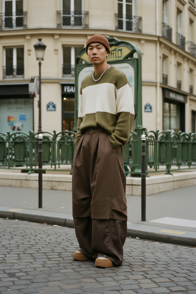 Pantalon ballon superposé Relabel marron en coton, porté par un homme devant une station de métro parisienne, vue de face
