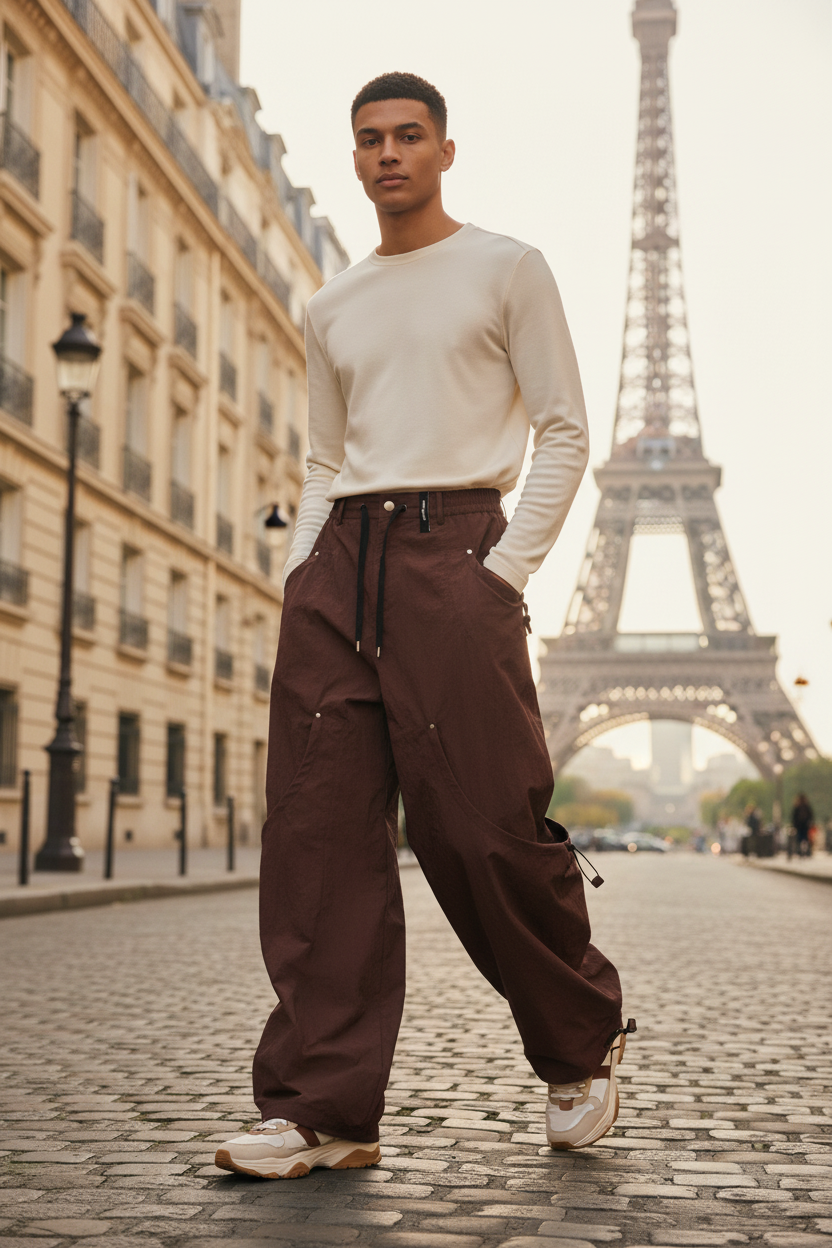 Pantalon cargo multi-poches zippées Relabel bordeaux en nylon, porté par un homme devant la Tour Eiffel à Paris, vue de face