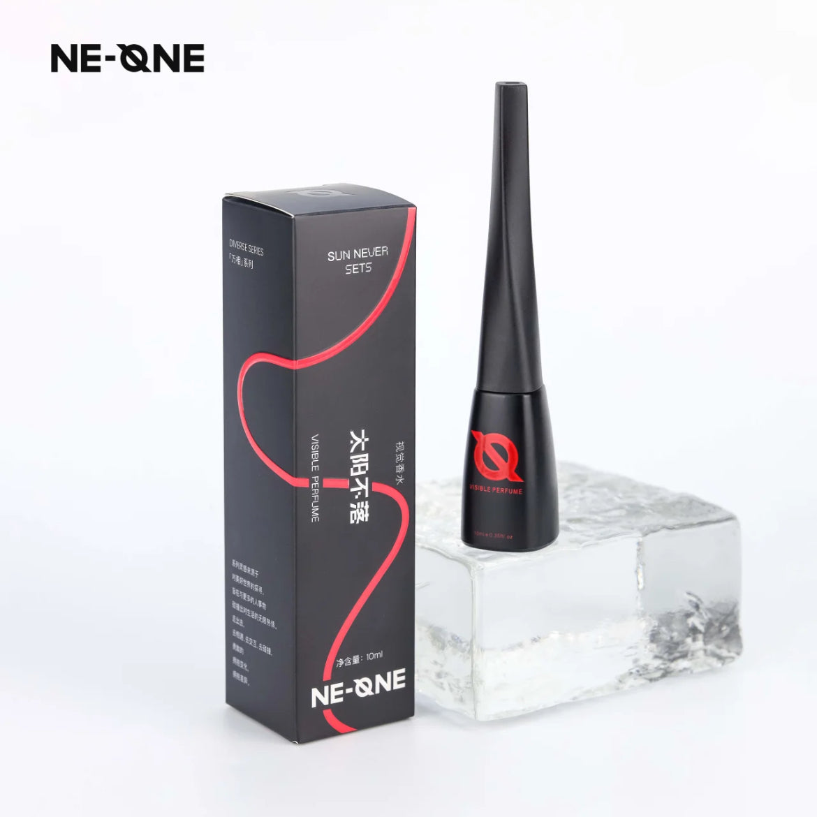 Parfum visible NE-ONE Sun Never Sets tatouage 10ml, vue produit avec boîte sur glaçon fond blanc