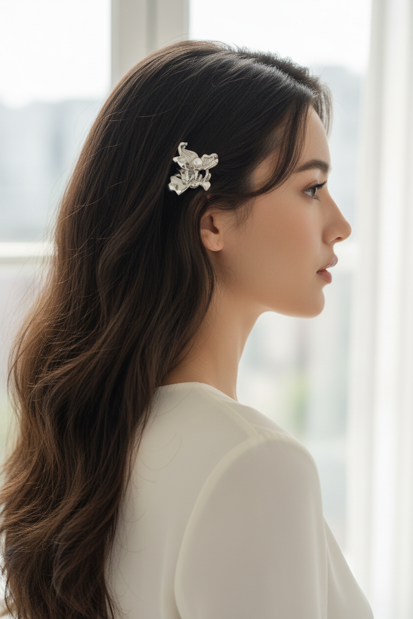 Pince à cheveux fleur orchidée 3D FLV blanche et argentée métal et résine, portée par un modèle femme vue de profil cheveux ondulés fond fenêtre lumière naturelle