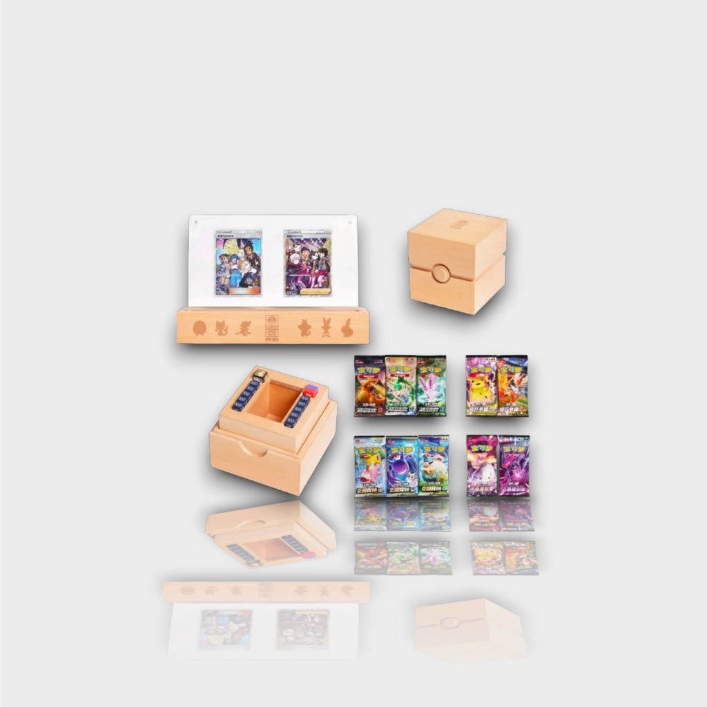 Pokémon Anniversary Friends Premium Collection Box contenu détaillé avec présentoir en bois 2 cartes promo Sacha et Nessa deck box bois Poké Ball boîte à dés bois 6 packs boosters chinois 交流赛场 et 水晶星梦, vue d'ensemble

