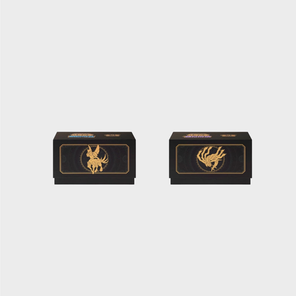 Pokémon coffret Elite Trainer Box édition spéciale noir et or avec Ho-Oh et Lugia en relief doré, présentés en duo, vue de face
