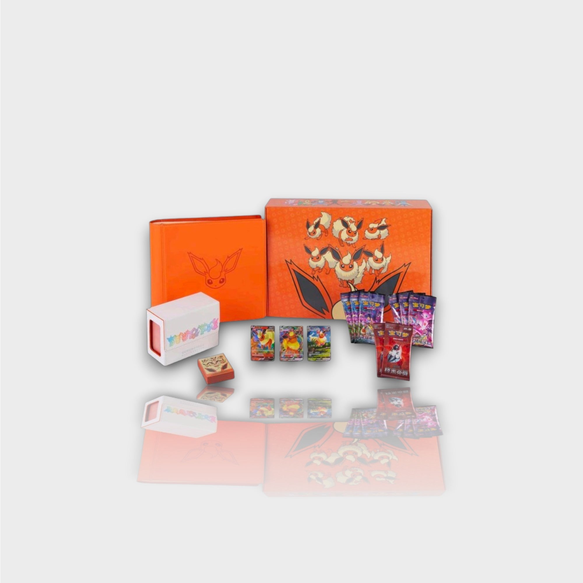 Pokémon Flareon VMAX Special Collection Box édition chinoise coffret ouvert avec boîte orange Pyroli cartes promo Flareon deck box blanche packs boosters chinois Sword & Shield et accessoires, vue d'ensemble
