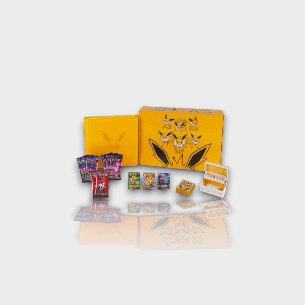 Pokémon Jolteon VMAX Special Collection Box édition chinoise coffret ouvert avec boîte jaune Voltali cartes promo Jolteon deck box jaune packs boosters chinois Sword & Shield et accessoires, vue d'ensemble
