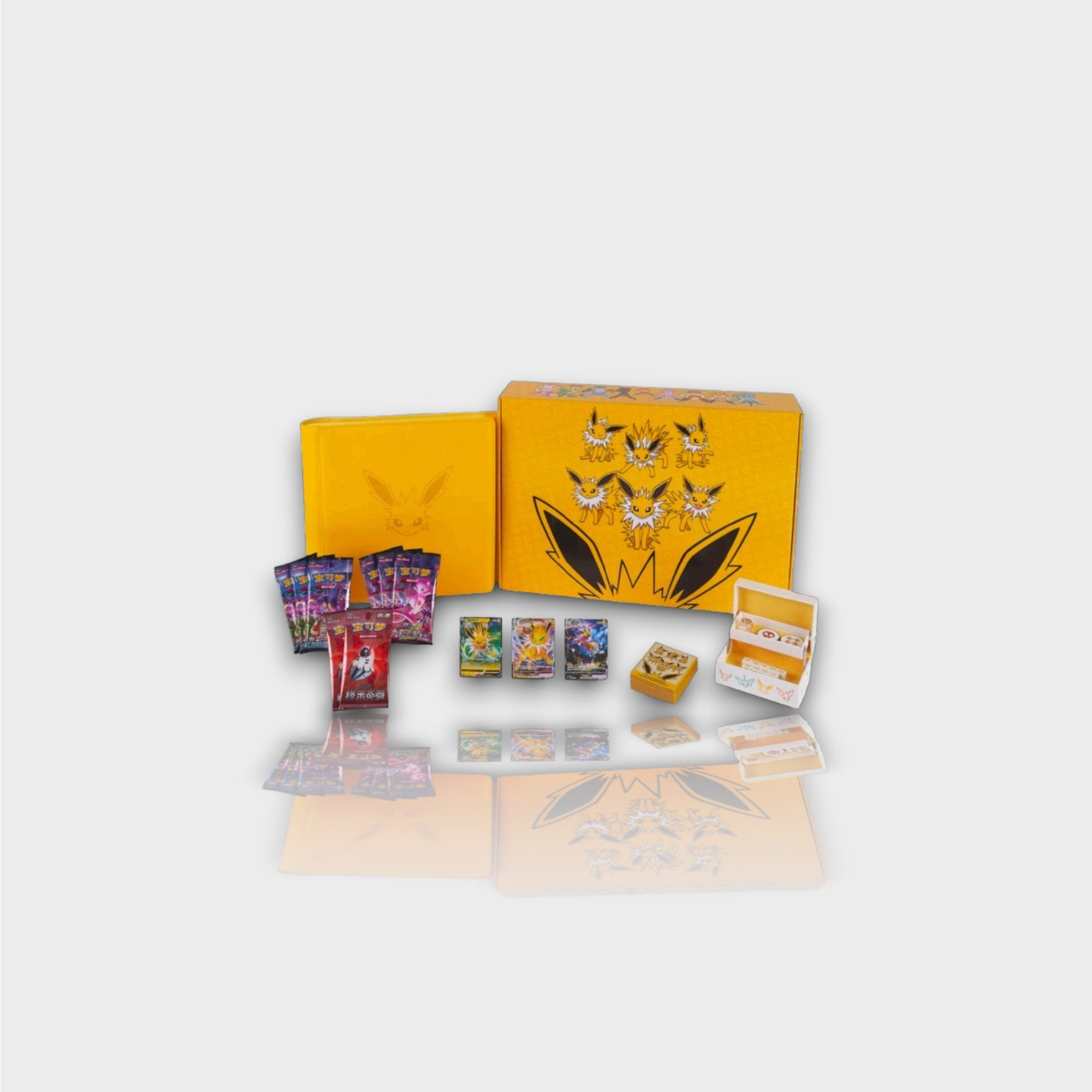 Pokémon Jolteon VMAX Special Collection Box édition chinoise coffret ouvert avec boîte jaune Voltali cartes promo Jolteon deck box jaune packs boosters chinois Sword & Shield et accessoires, vue d'ensemble
