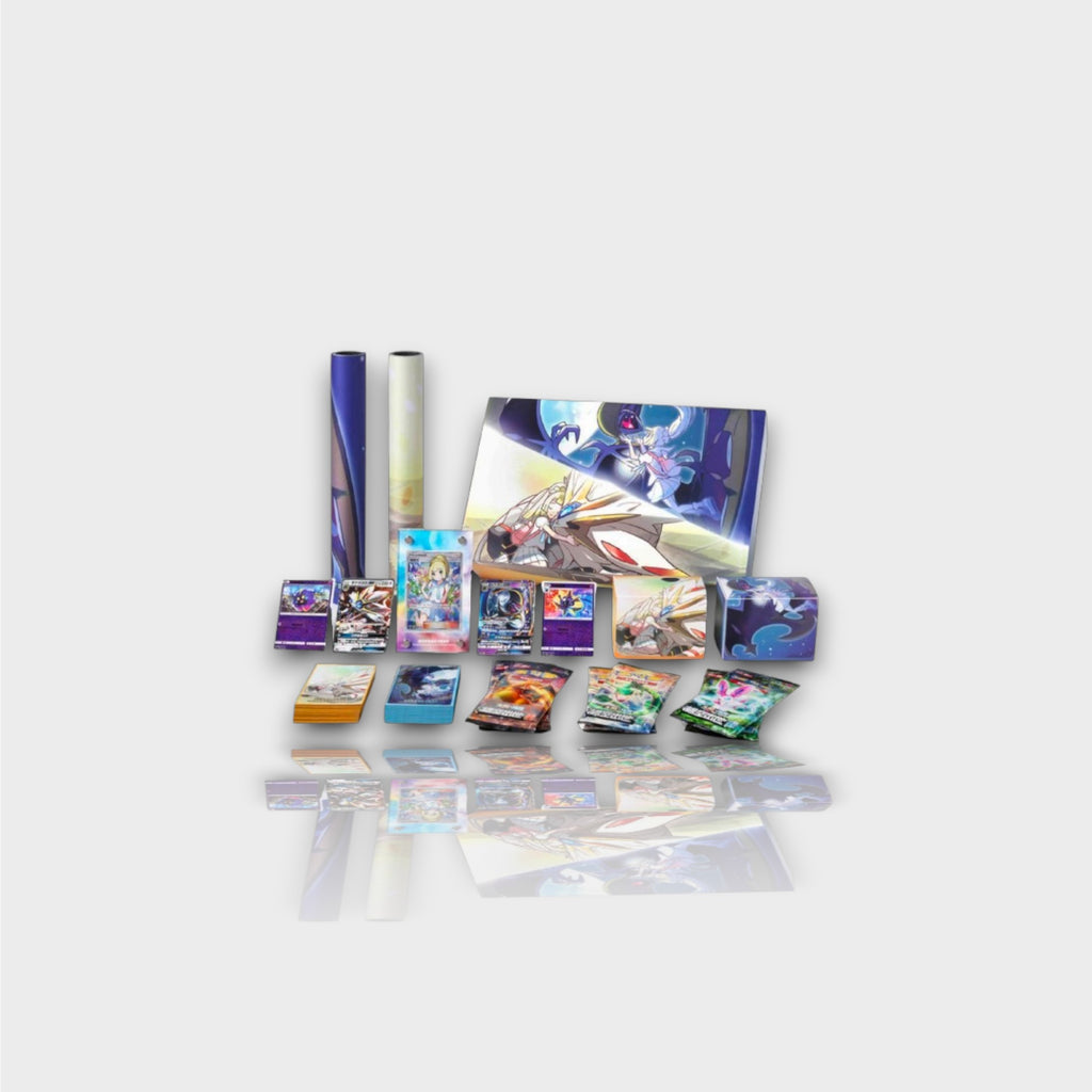 Pokémon Lillie Soleil et Lune Special Collection Box édition chinoise coffret ouvert avec tapis de jeu Solgaleo Lunala cartes promo Lillie deck box packs boosters et accessoires, vue d'ensemble
