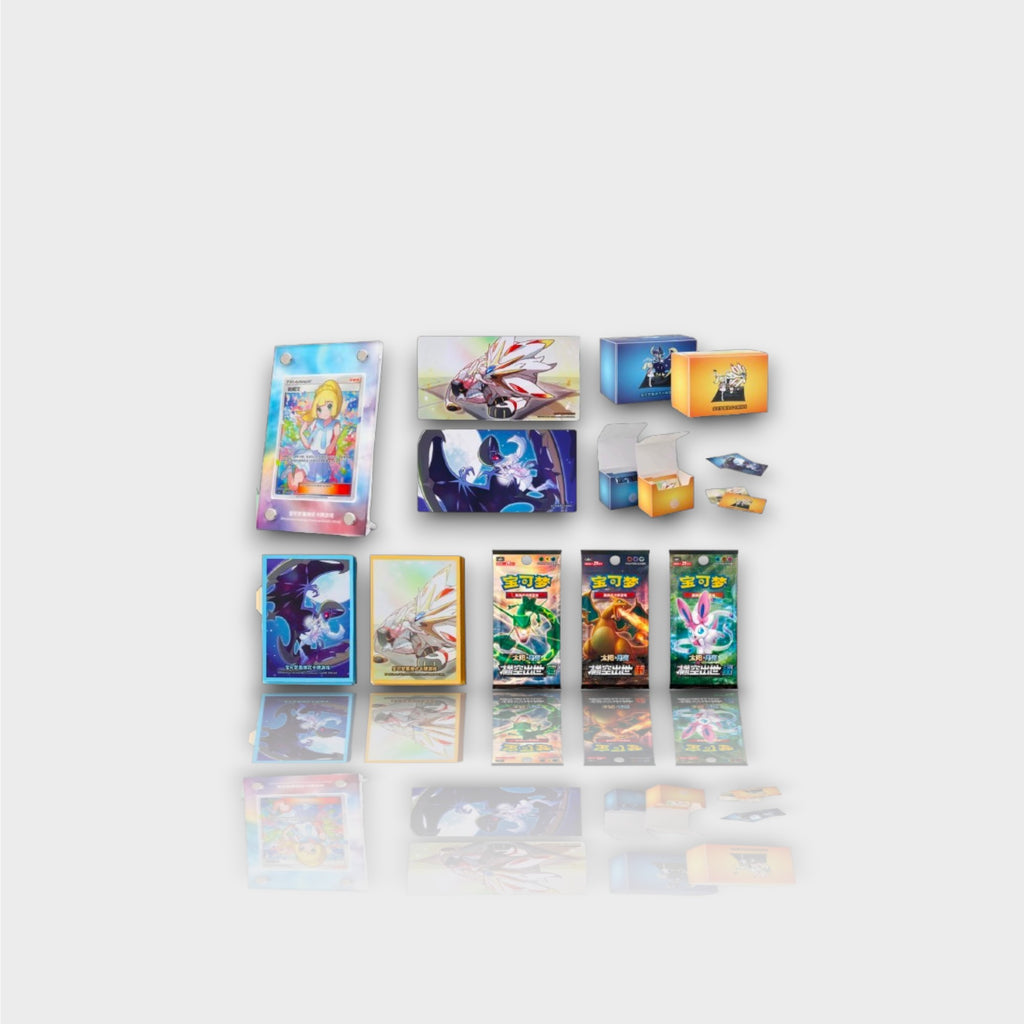 Pokémon Lillie Soleil et Lune Special Collection Box contenu détaillé avec carte promo Lillie holographique plateau Solgaleo Lunala deck box bleue et dorée sleeves packs boosters chinois Sun & Moon 太阳·月亮 超空出击, vue d'ensemble
