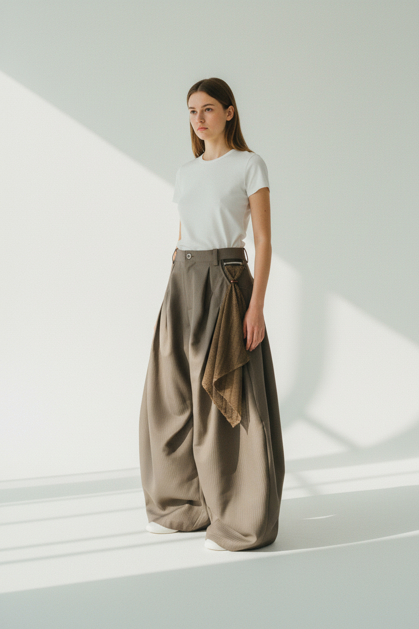 RELABEL – Pantalon ample à rayures jacquard et plis architecturaux