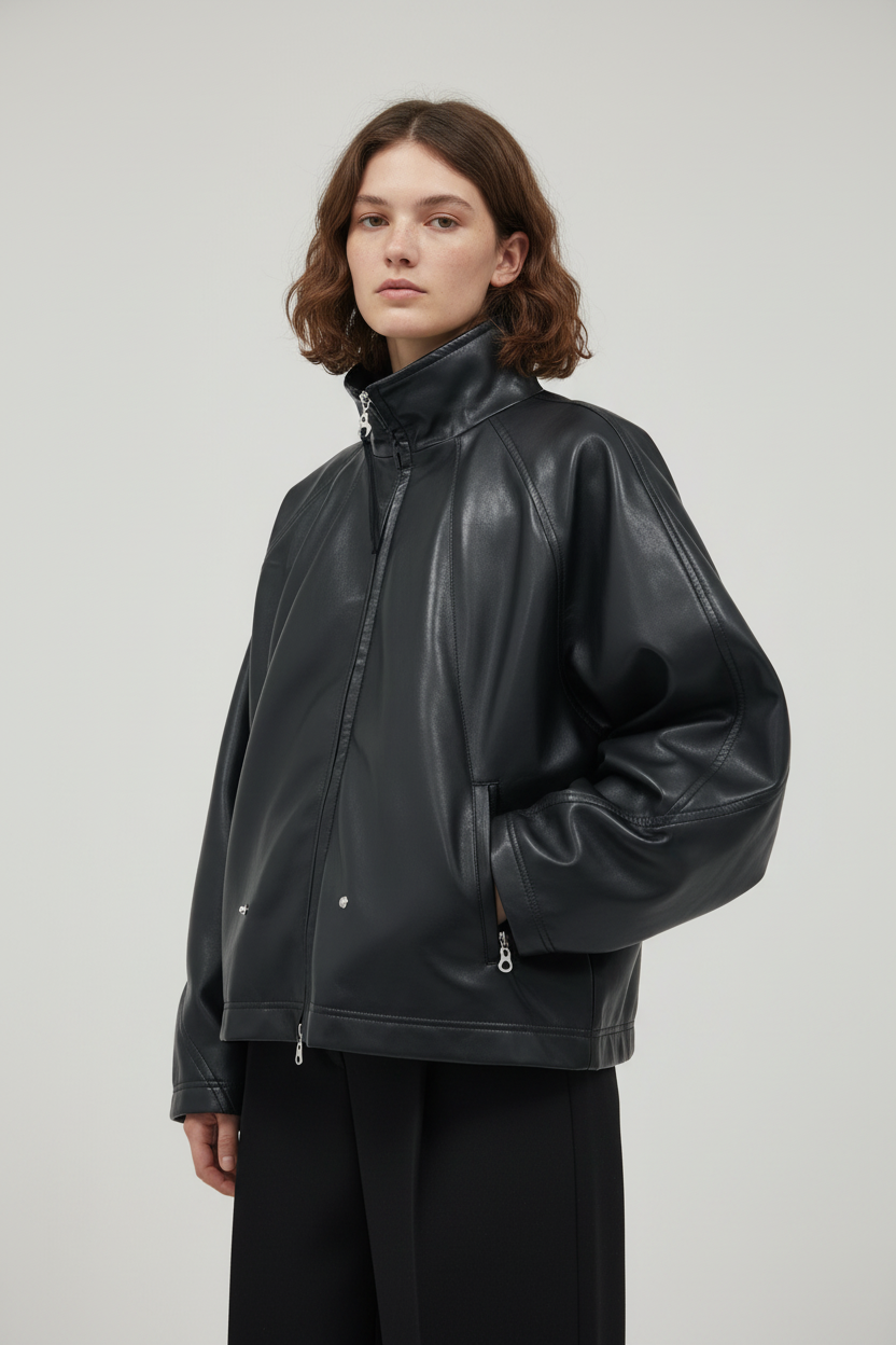 Veste en Similicuir Noire RELABEL – Coupe Déstructurée Multipoches, Style Modulable