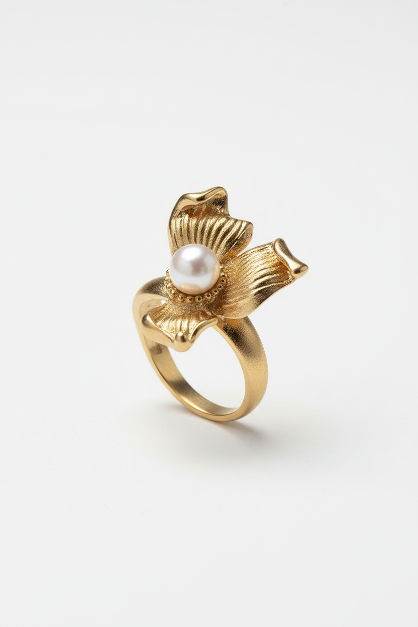 Bague fleur perle FLV dorée métal et perle blanche, vue produit fond blanc