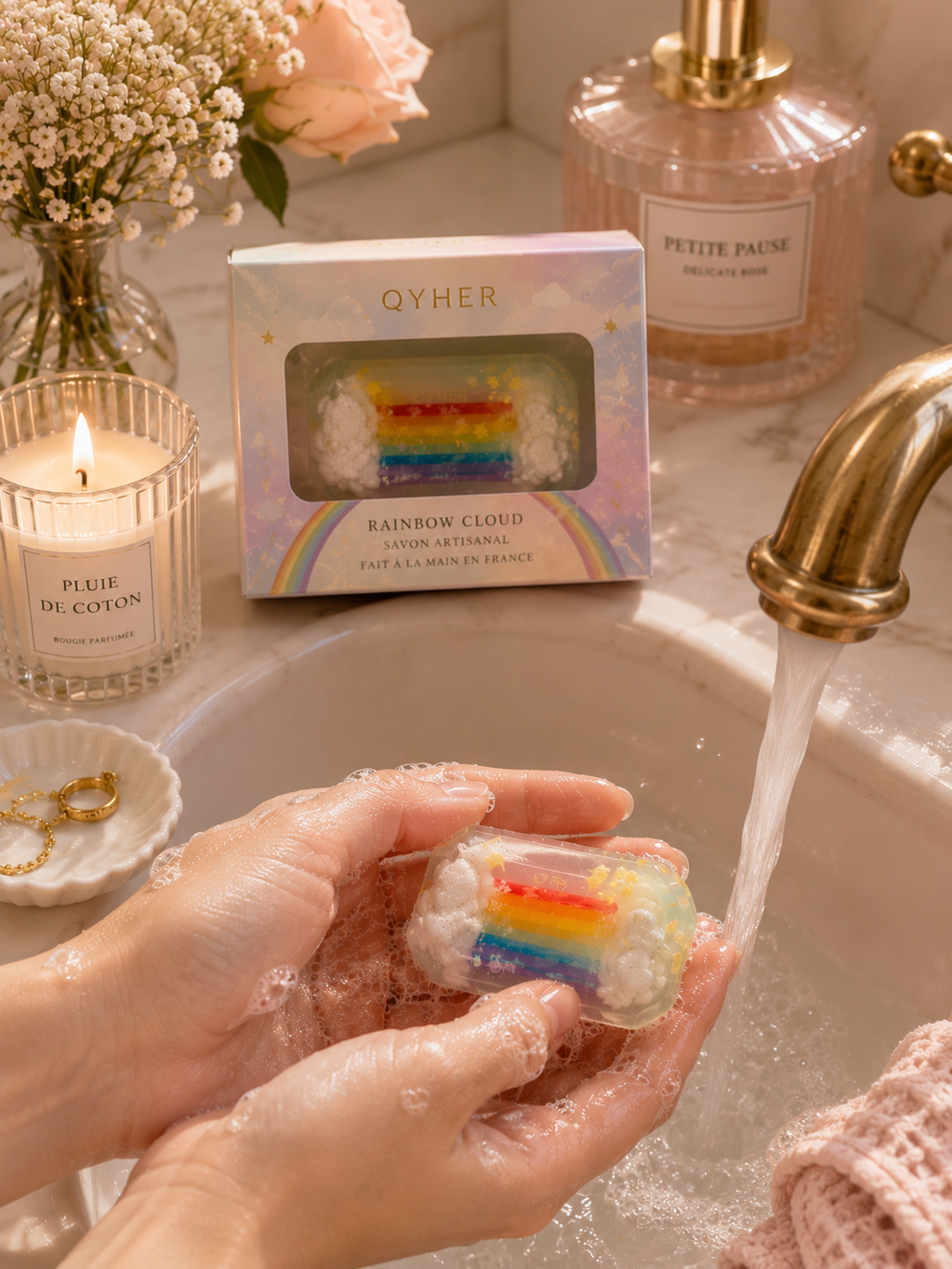 Savon artisanal QYHER multicolore en glycérine, mise en scène