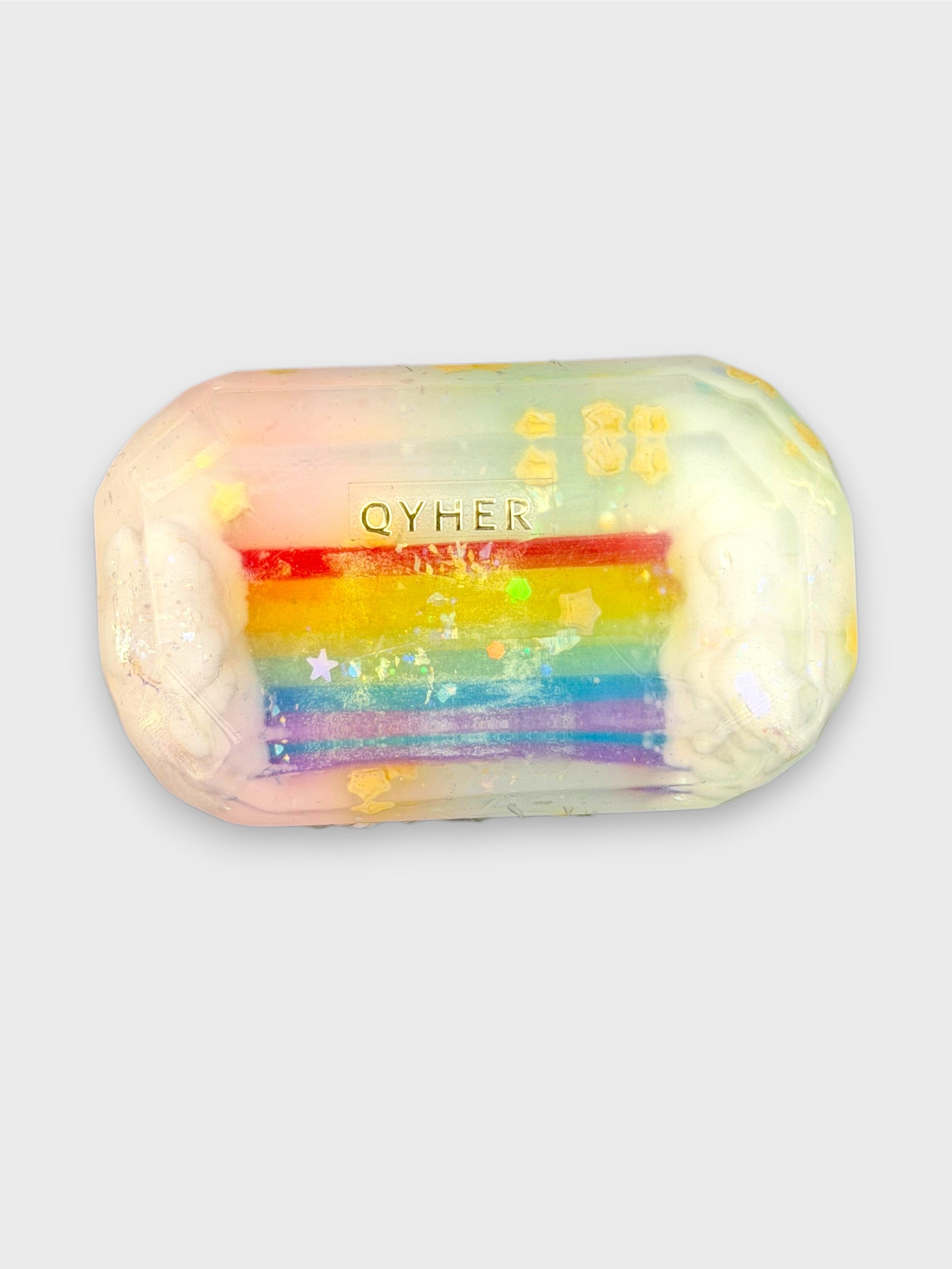 Savon artisanal QYHER multicolore en glycérine, vue de dessus