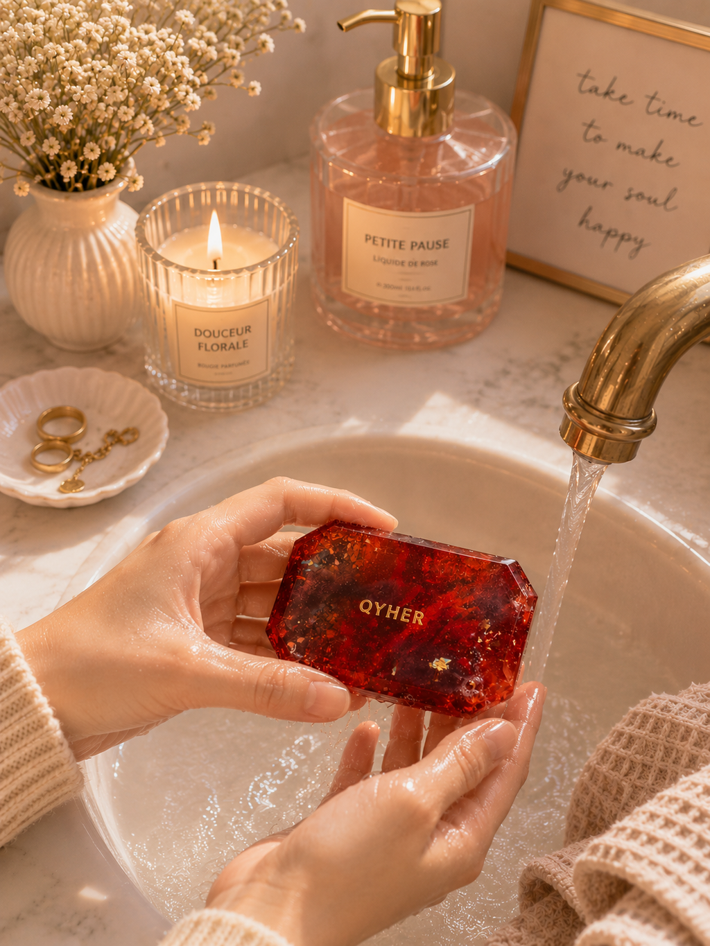 Savon artisanal QYHER rouge en glycérine, mise en scène