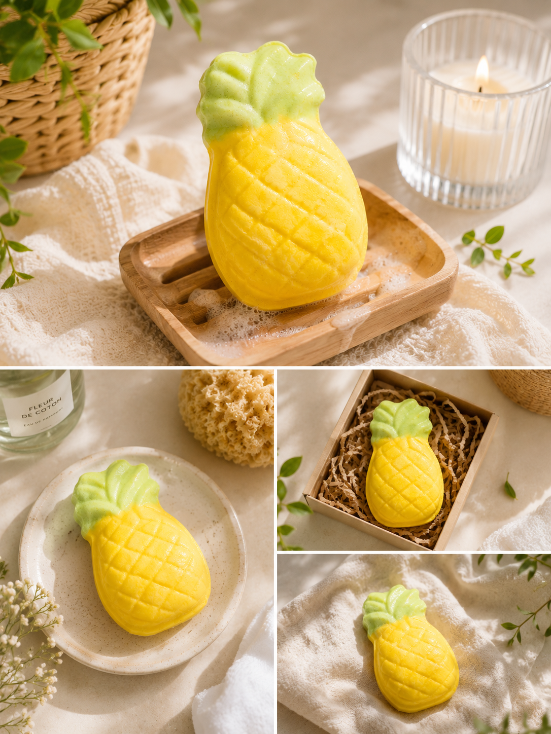 Savon artisanal jaune et vert en glycérine forme ananas, mise en scène