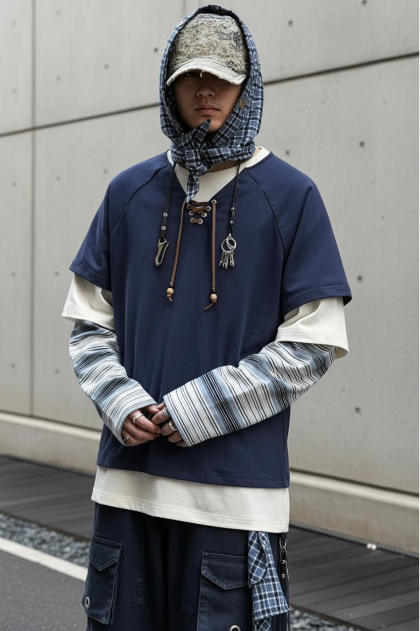 T-shirt RELABAL bleu marine à lacets style superposé, porté par un homme, vue de face