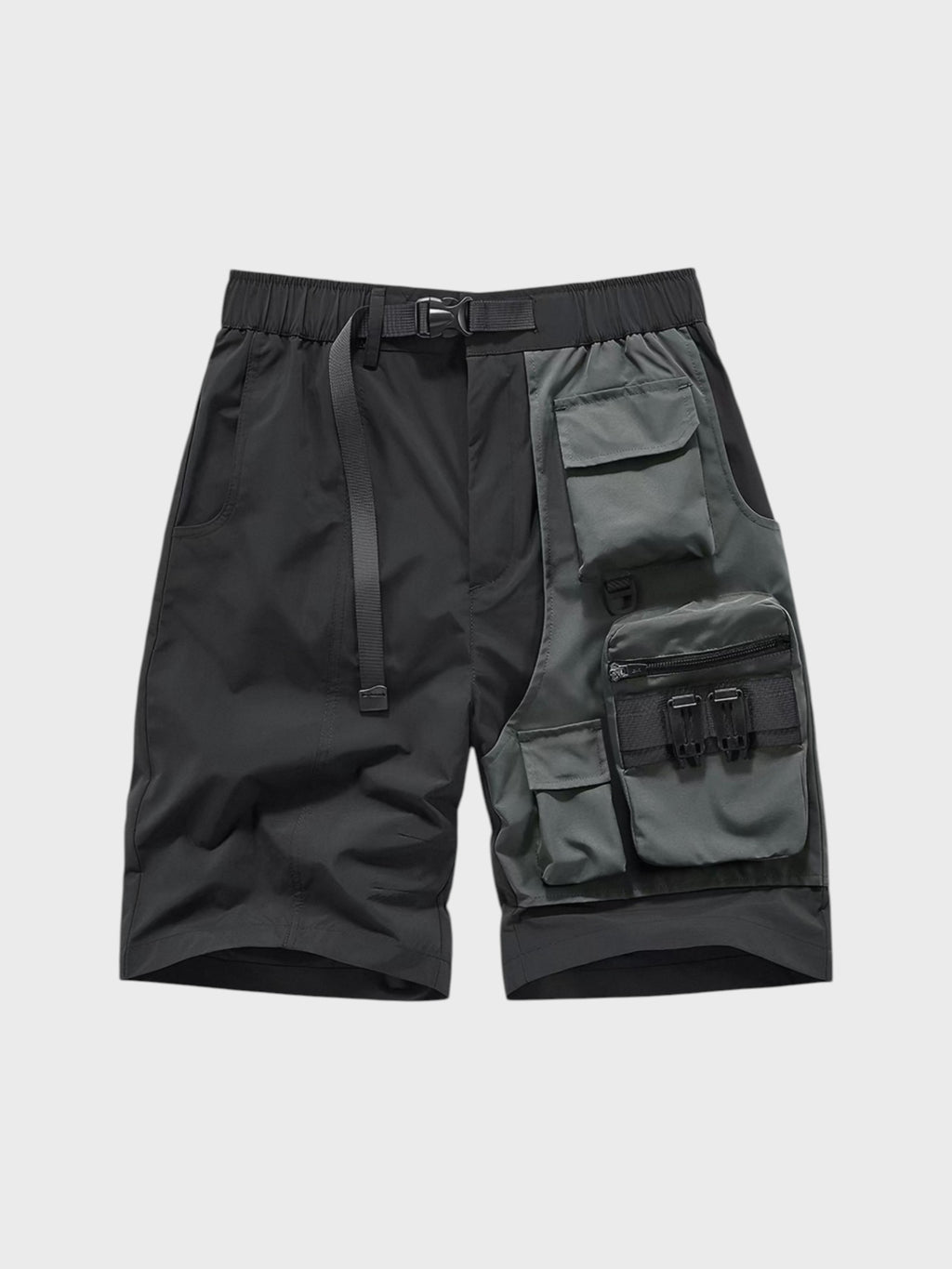 Short cargo bicolore techwear multi-poches boucle VIP noir gris en nylon, vue de face