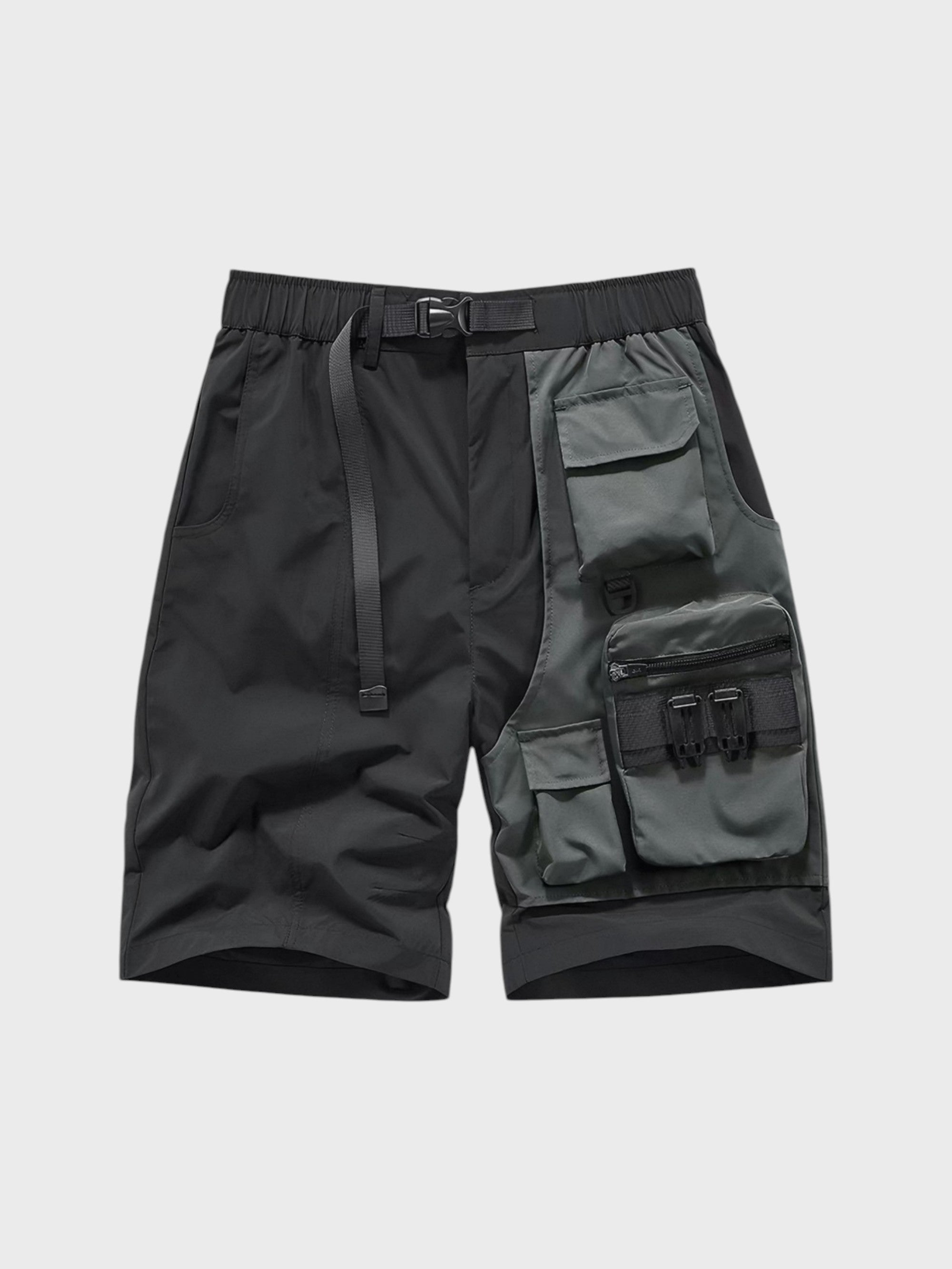 Short cargo bicolore techwear multi-poches boucle VIP noir gris en nylon, vue de face