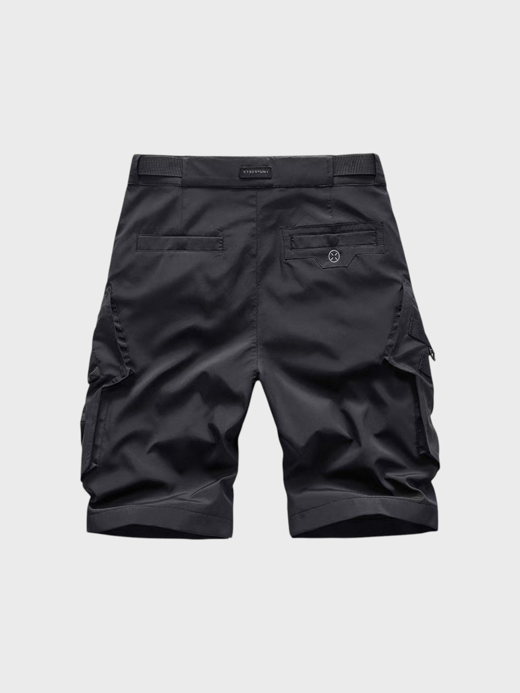 Short cargo tactique multi-poches zippées VIP noir en nylon, vue de dos