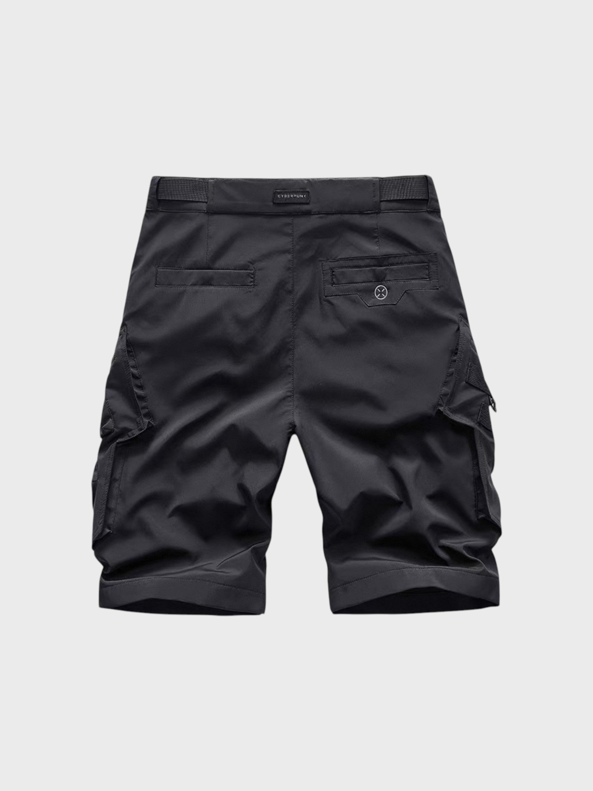 Short cargo tactique multi-poches zippées VIP noir en nylon, vue de dos