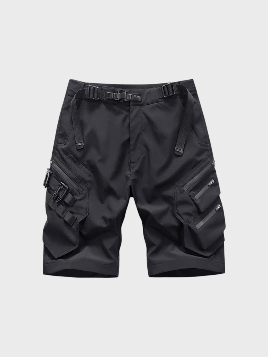 Short cargo tactique multi-poches zippées VIP noir en nylon, vue de face