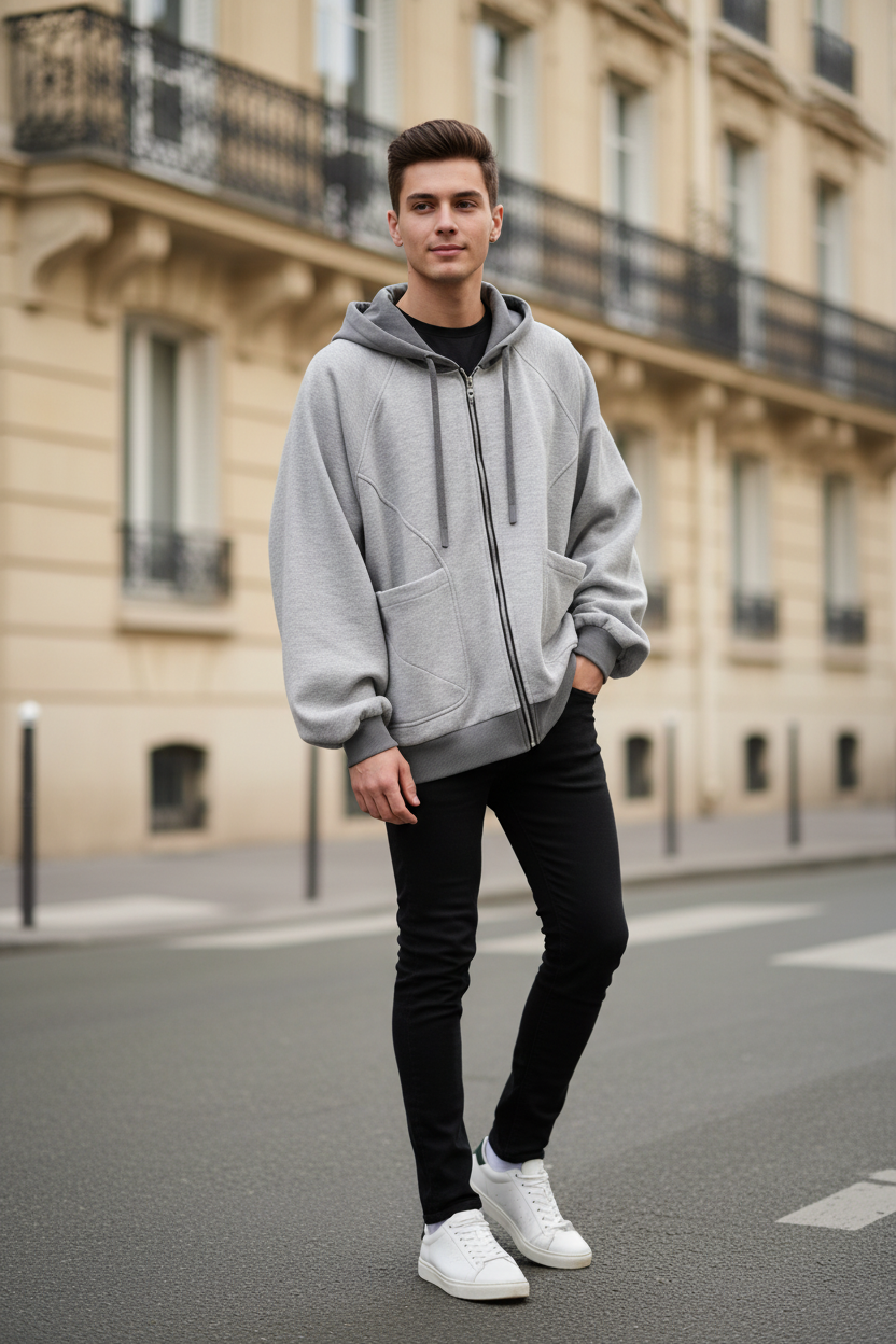 Sweat à capuche zippé oversize Relabel gris chiné coton molleton cordons gris poches kangourou, porté par un modèle homme debout dans une rue parisienne haussmannienne