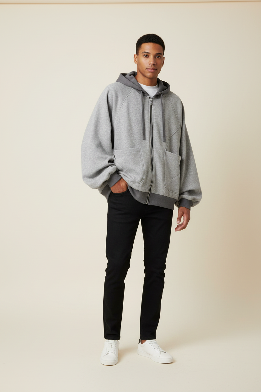 Sweat à capuche zippé oversize Relabel gris chiné coton molleton cordons gris poches kangourou, porté par un modèle homme vue de face fond beige studio