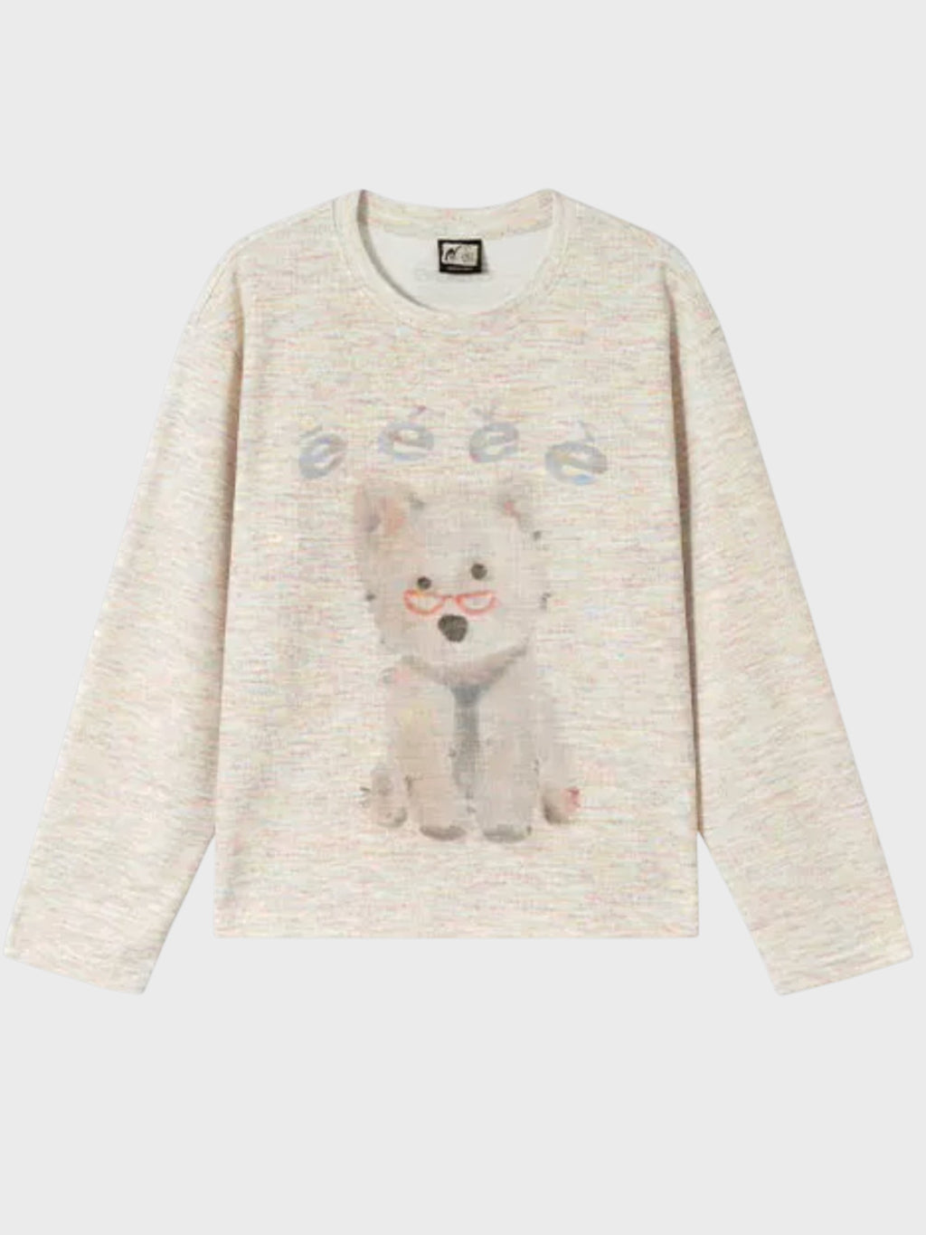 Sweat manches longues eeee Artmonster crème chiné motif chiot lunettes roses illustration, vue de face
