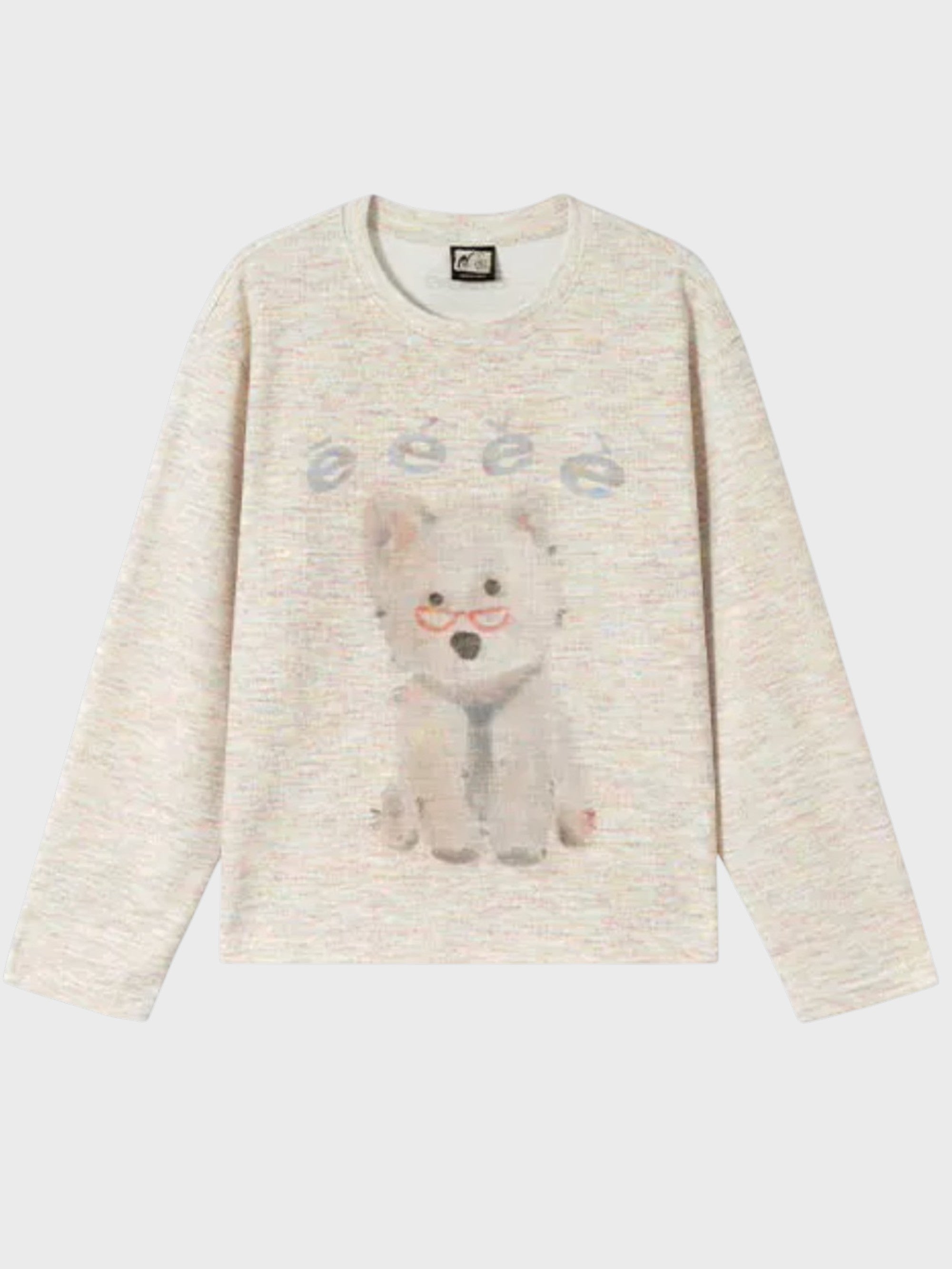 Sweat manches longues eeee Artmonster crème chiné motif chiot lunettes roses illustration, vue de face
