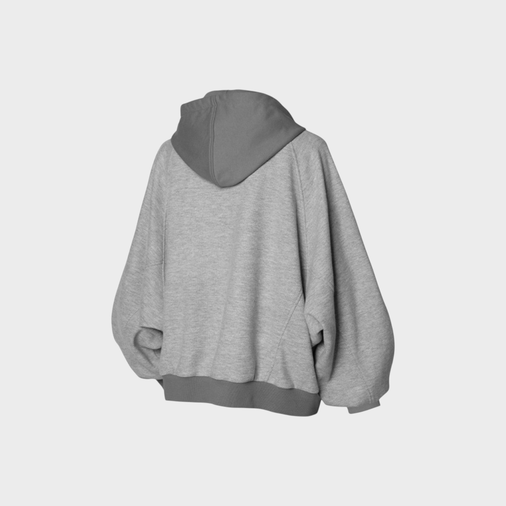 Sweat à capuche zippé oversize Relabel gris chiné en coton molleton, vue de dos sur mannequin fond gris, détail grande capuche et bande élastique