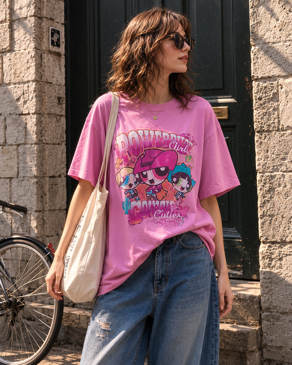 T-shirt oversize BJHG motif Powerpuff Girls en rose, porté par une femme, vue de face en extérieur à Paris