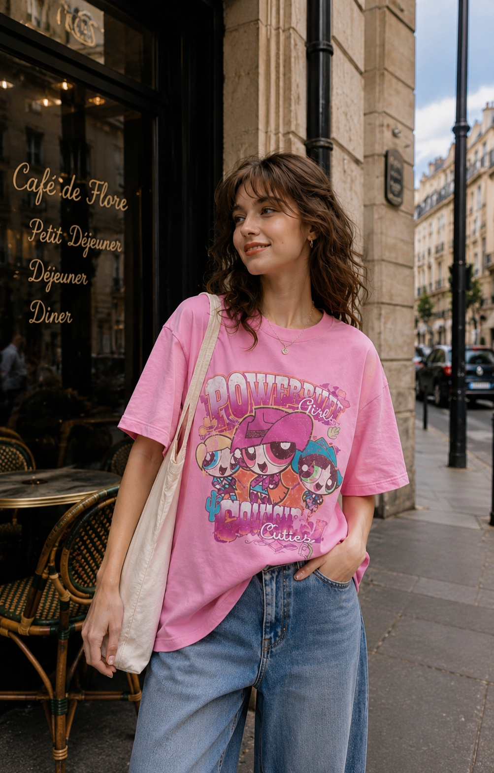 T-shirt oversize BJHG motif Powerpuff Girls en rose, porté par une femme, vue de trois quarts en extérieur
