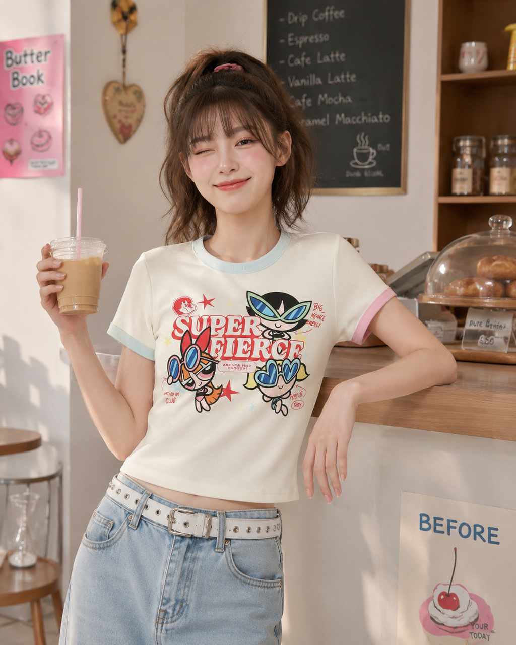 T-shirt crop BJHG motif Super Fierce personnages cartoon en blanc avec bordures colorées, porté par une femme, vue de face dans un café