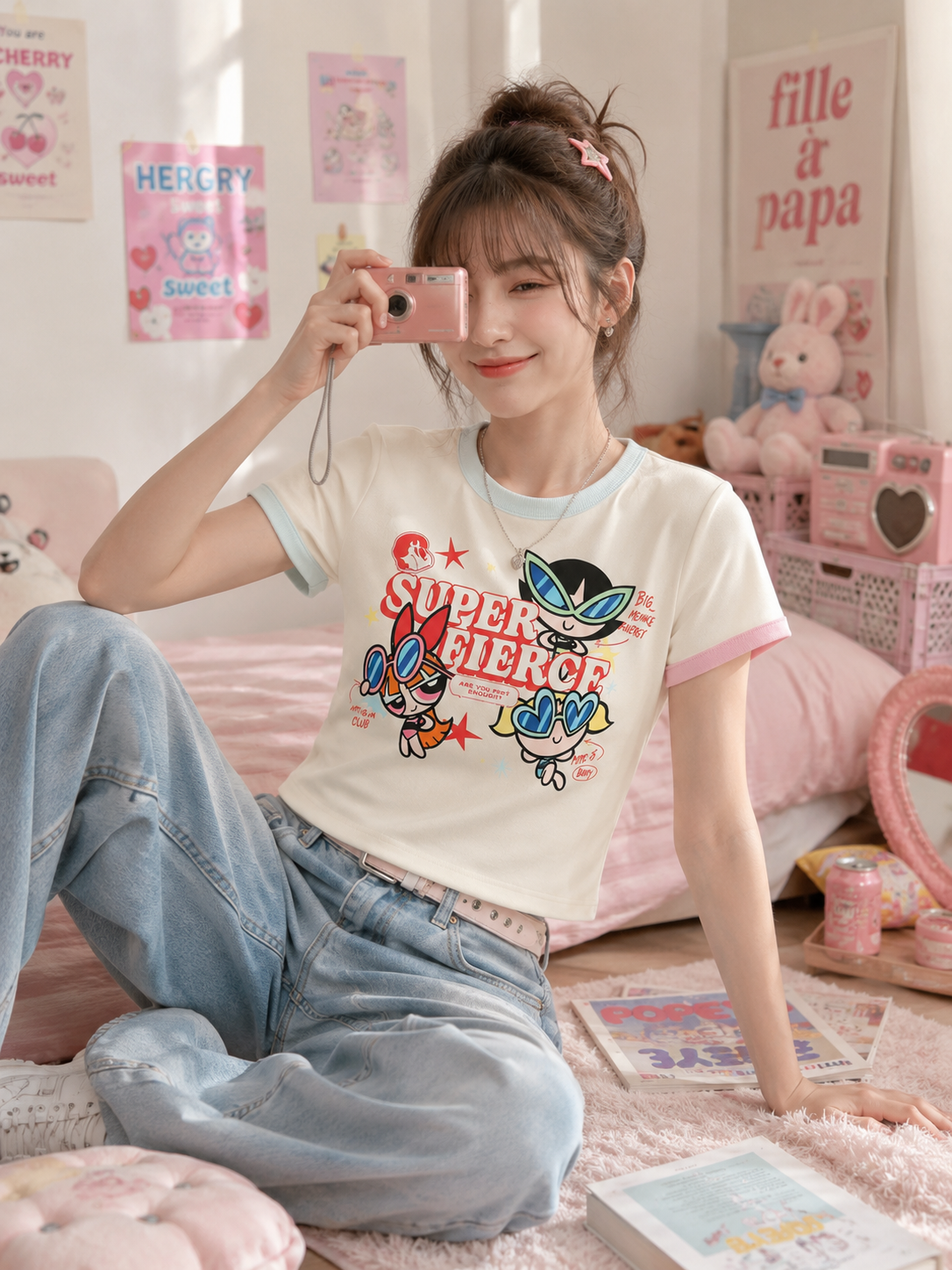 T-shirt crop BJHG motif Super Fierce personnages cartoon en blanc avec bordures colorées, porté par une femme, vue de trois quarts en intérieur