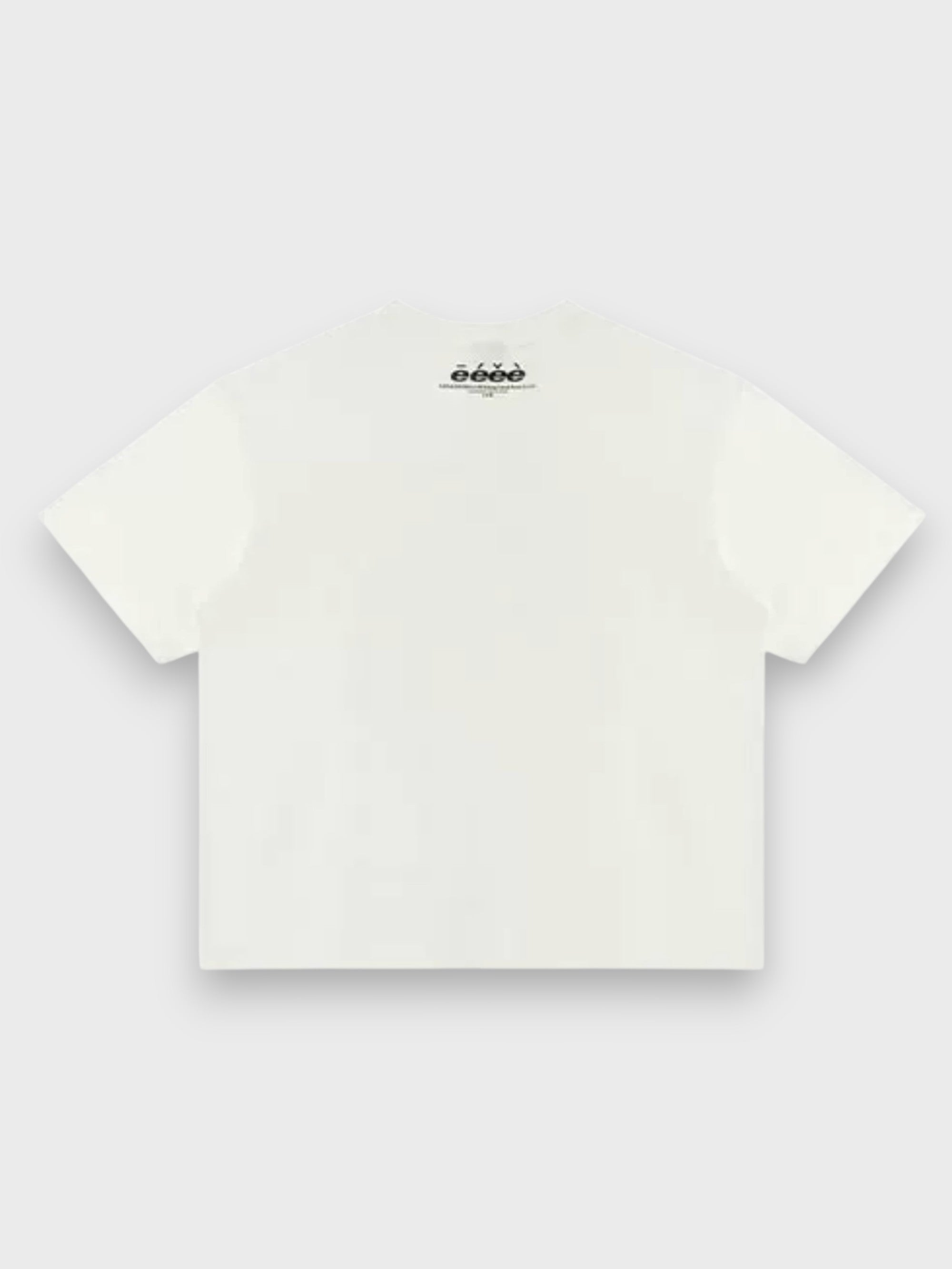 T-shirt manches courtes eeee Artmonster blanc, vue de dos avec logo eeee au col
