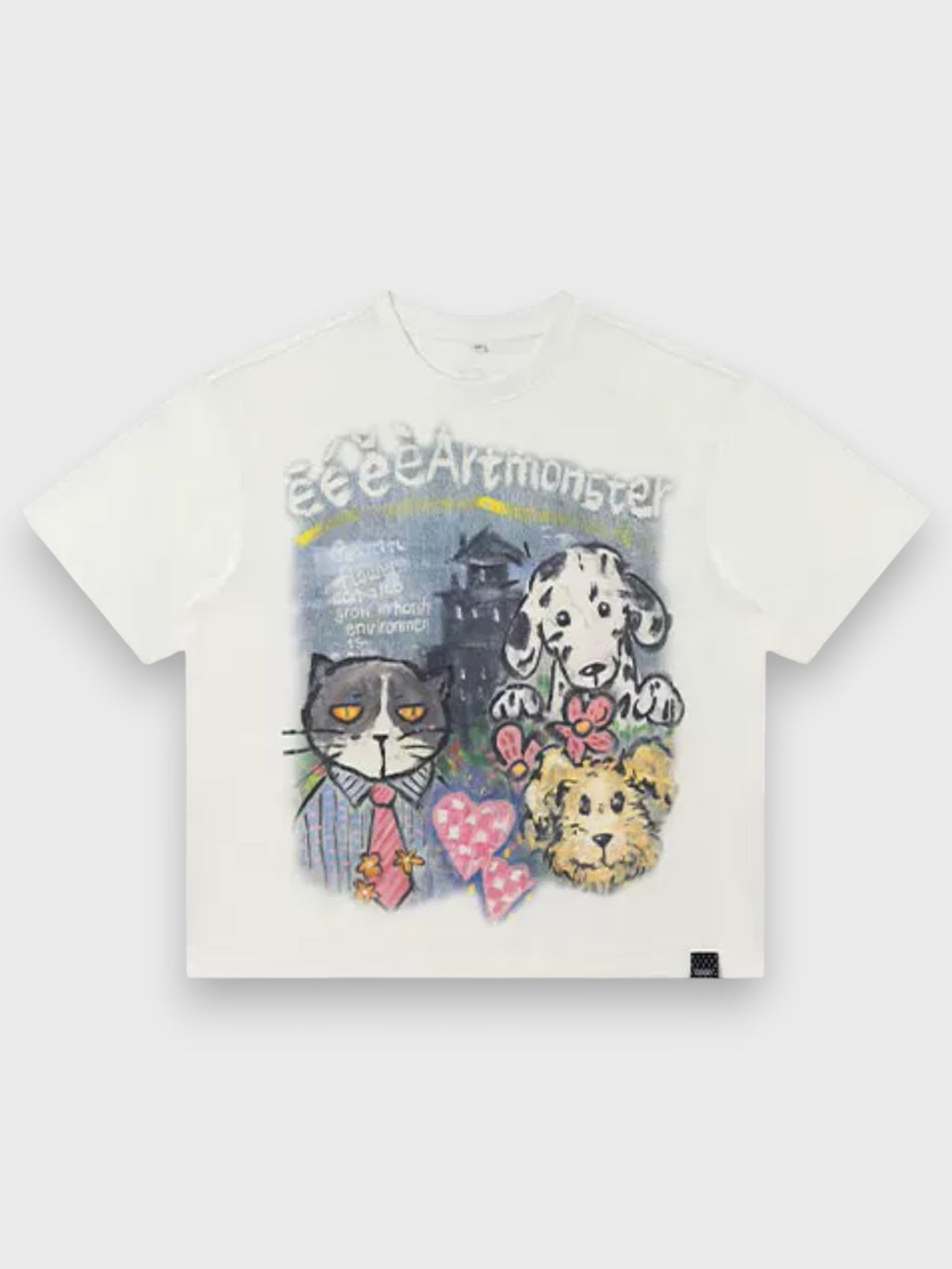 T-shirt manches courtes eeee Artmonster motif graffiti chat dalmatien ourson blanc, vue de face
