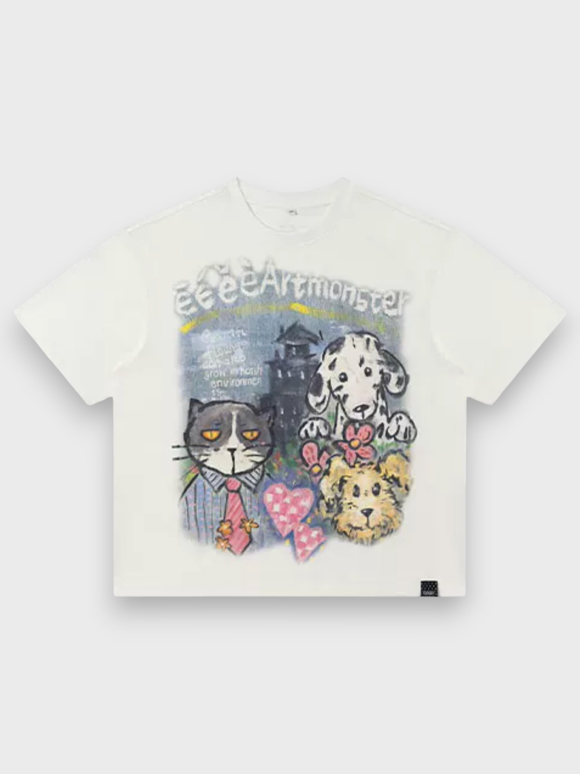 T-shirt manches courtes eeee Artmonster motif graffiti chat dalmatien ourson blanc, vue de face
