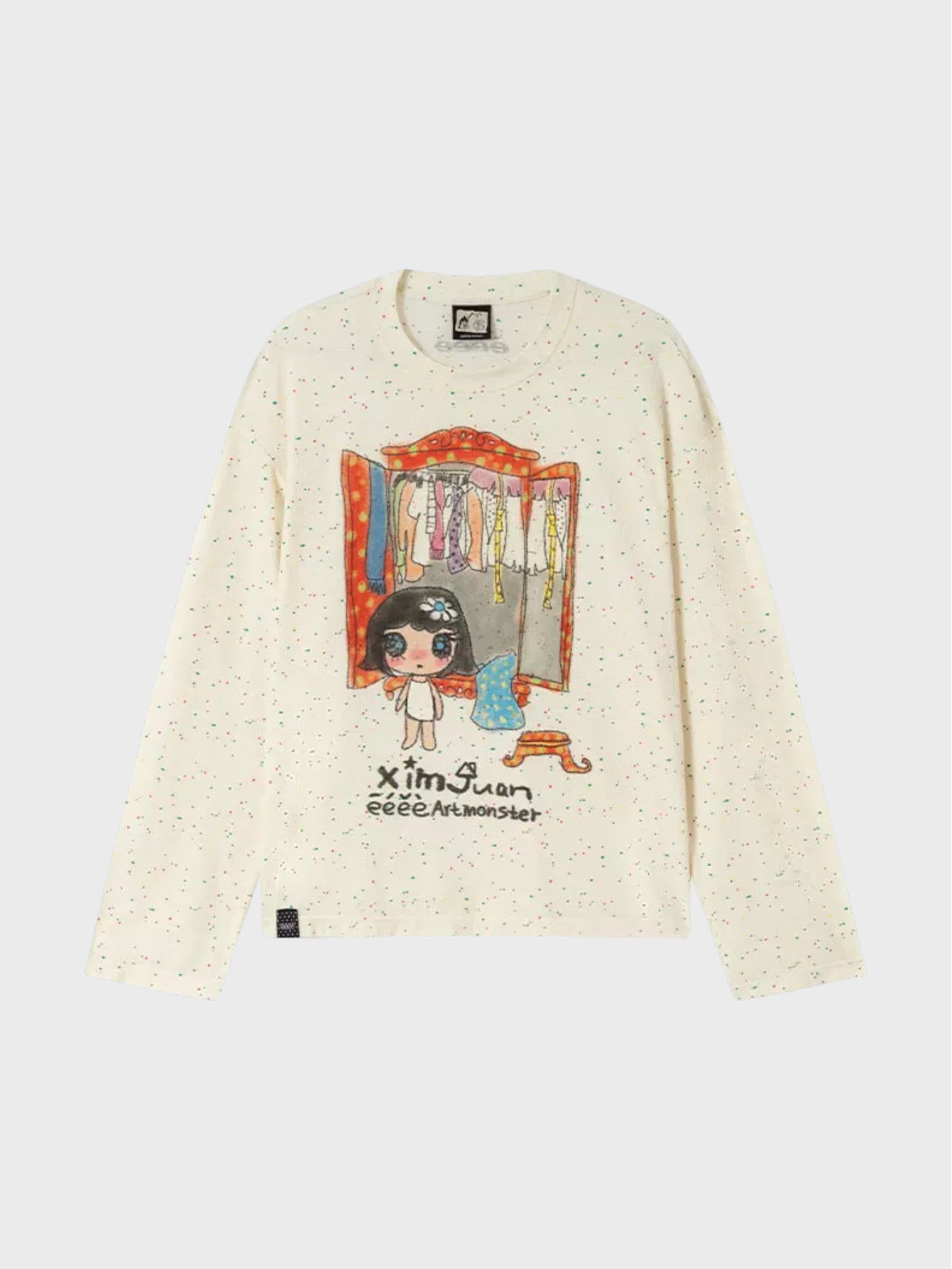 T-shirt manches longues eeee Artmonster motif pois colorés crème, vue de face

