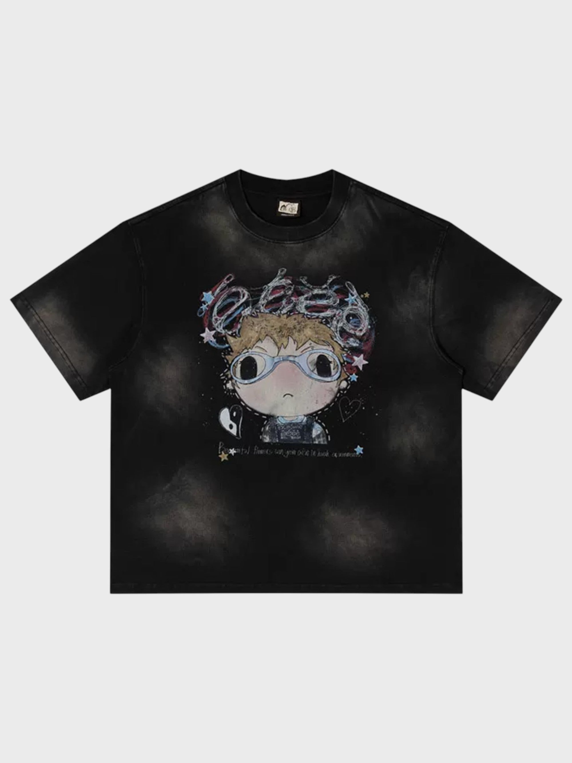 T-shirt manches courtes washed noir eeee Artmonster motif graffiti XimJuan lunettes étoiles, vue de face
