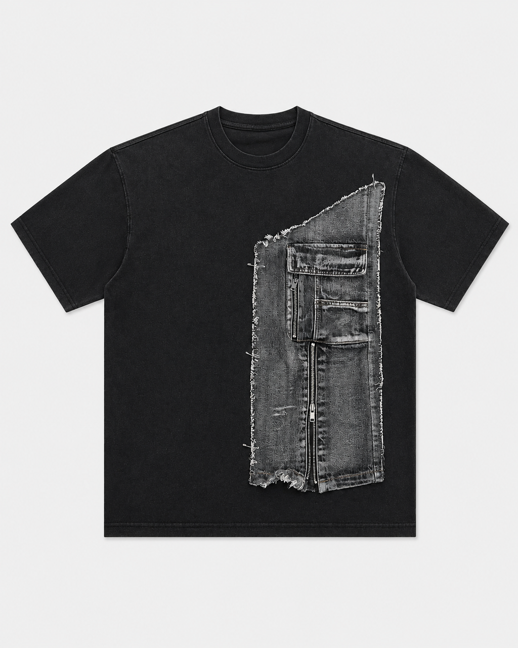 T-shirt appliqué denim effiloché Anocra noir en coton, vue de face