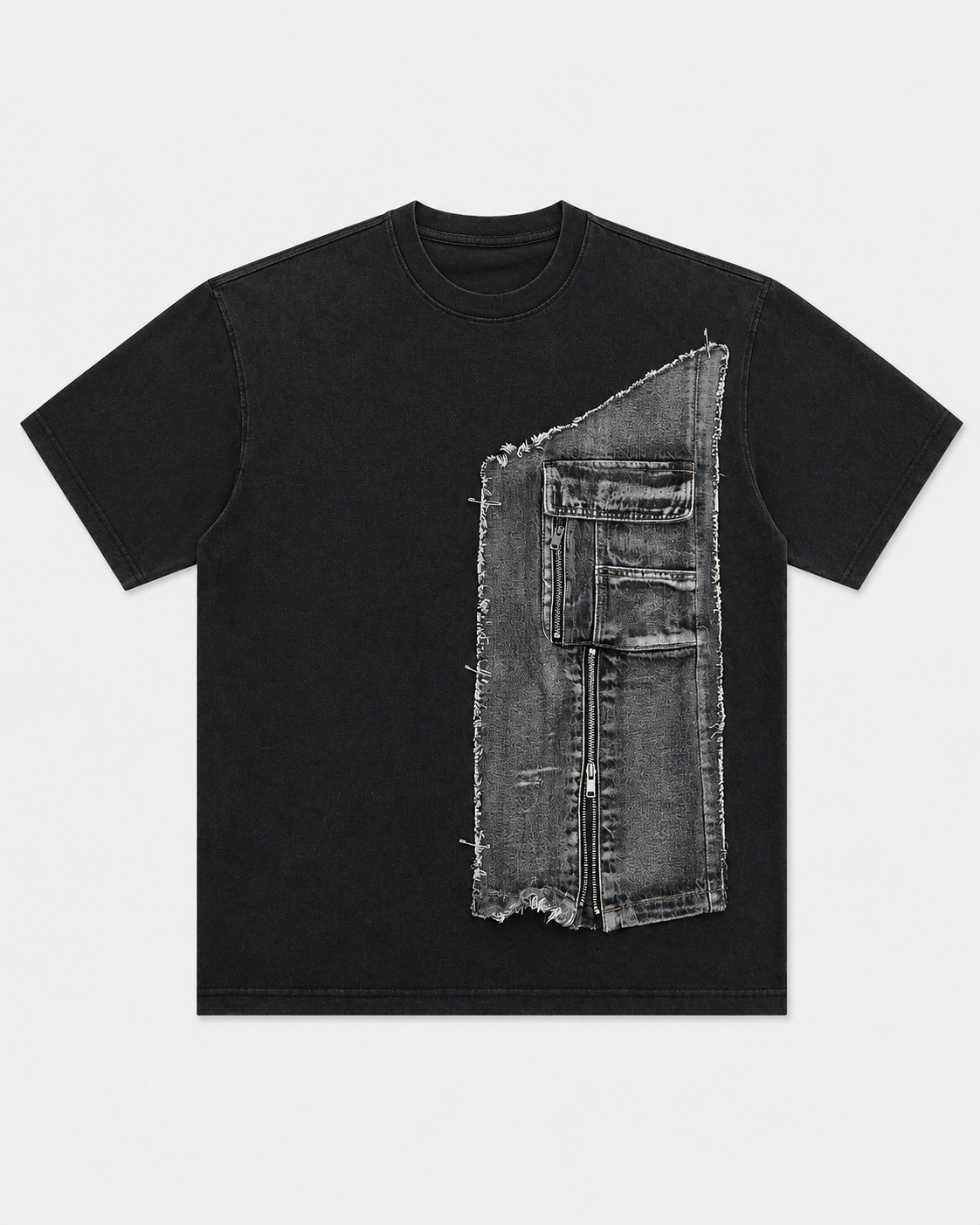 T-shirt appliqué denim effiloché Anocra noir en coton, vue de face