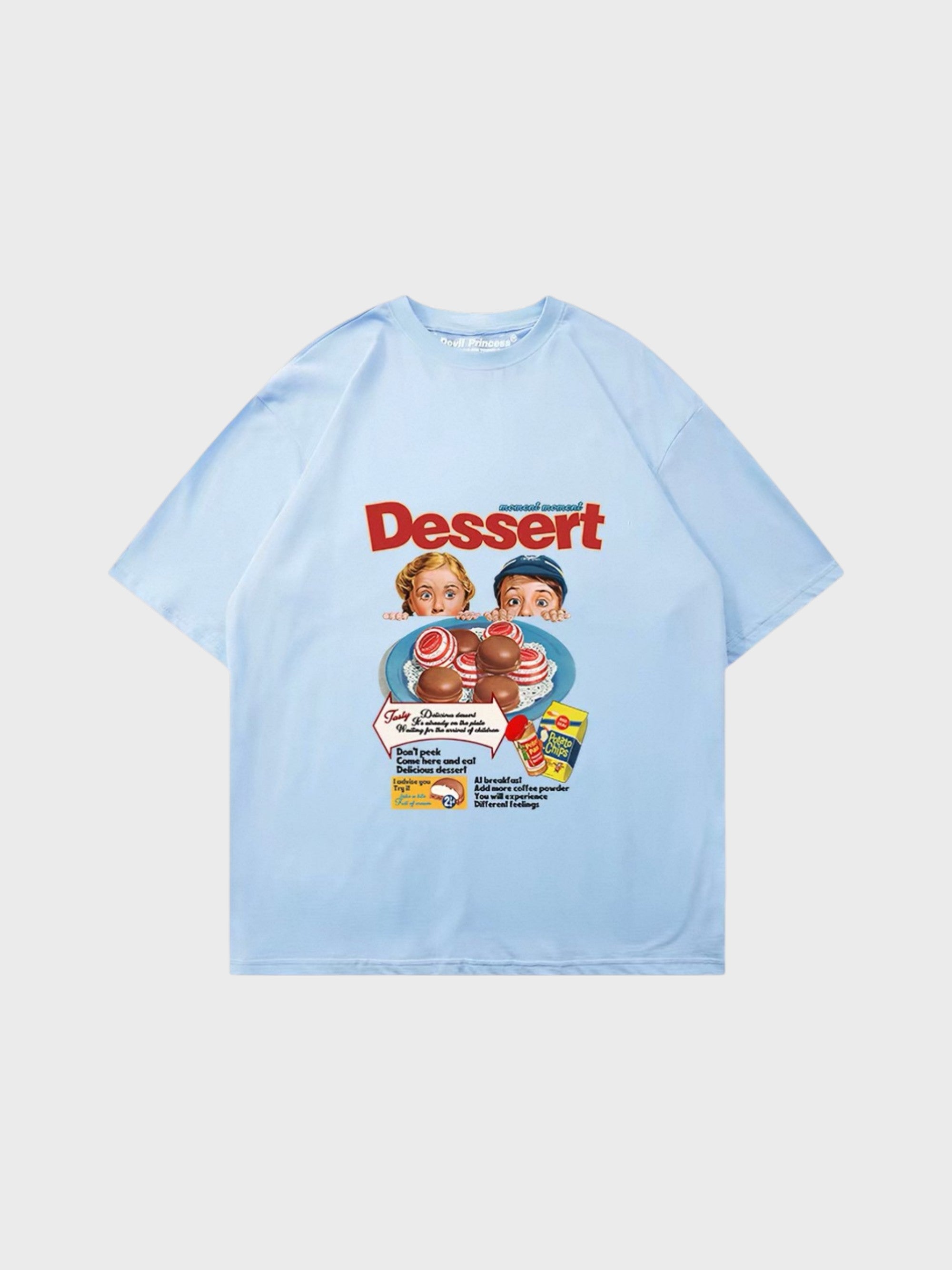 T-shirt imprimé vintage Dessert Celtiajojo bleu ciel en coton, vue de face
