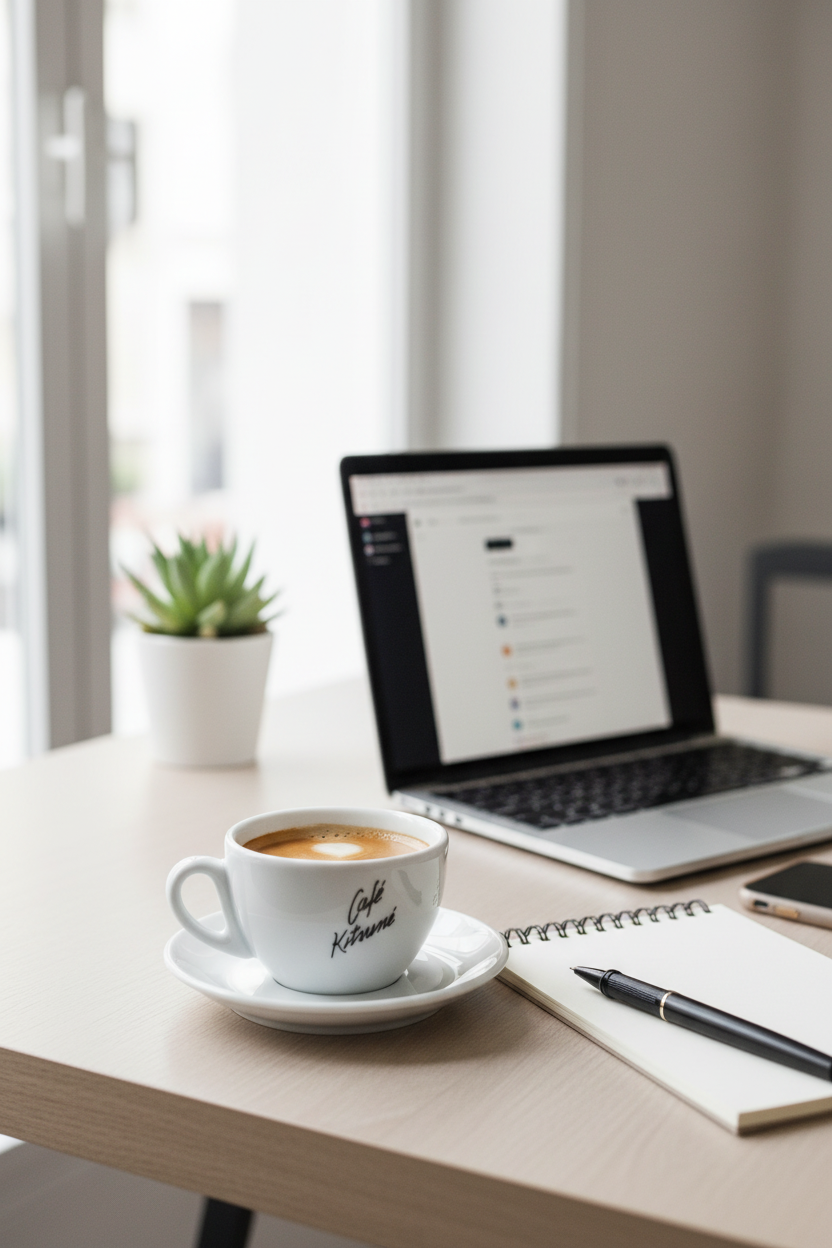 Tasse latte art logo Café Kitsuné blanche en céramique avec cappuccino, posée sur un bureau minimaliste blanc avec laptop ouvert, carnet à spirale, stylo noir et plante succulente, lumière naturelle