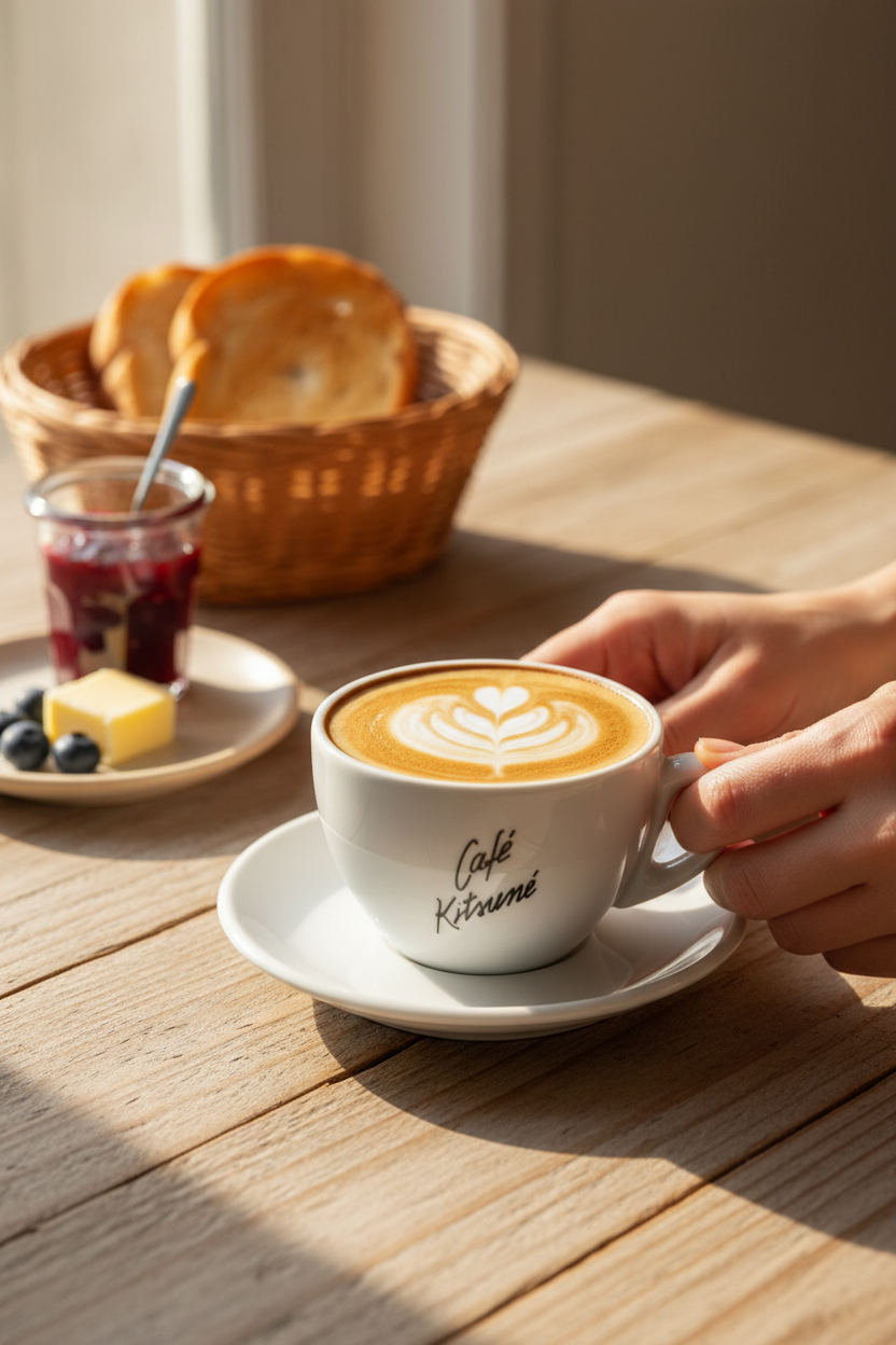 Tasse latte art logo Café Kitsuné blanche en céramique tenue par une main de femme avec cappuccino latte art cœur, posée sur une table en bois clair avec tartines beurrées confiture et myrtilles, lumière matinale dorée
