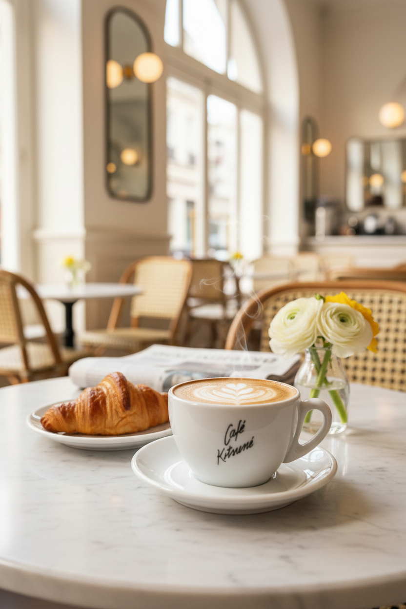 Tasse latte art logo Café Kitsuné blanche en céramique avec cappuccino latte art, posée sur une table en marbre blanc avec croissant et vase de renoncules blanches et jaunes, intérieur haussmannien lumineux chaises en rotin