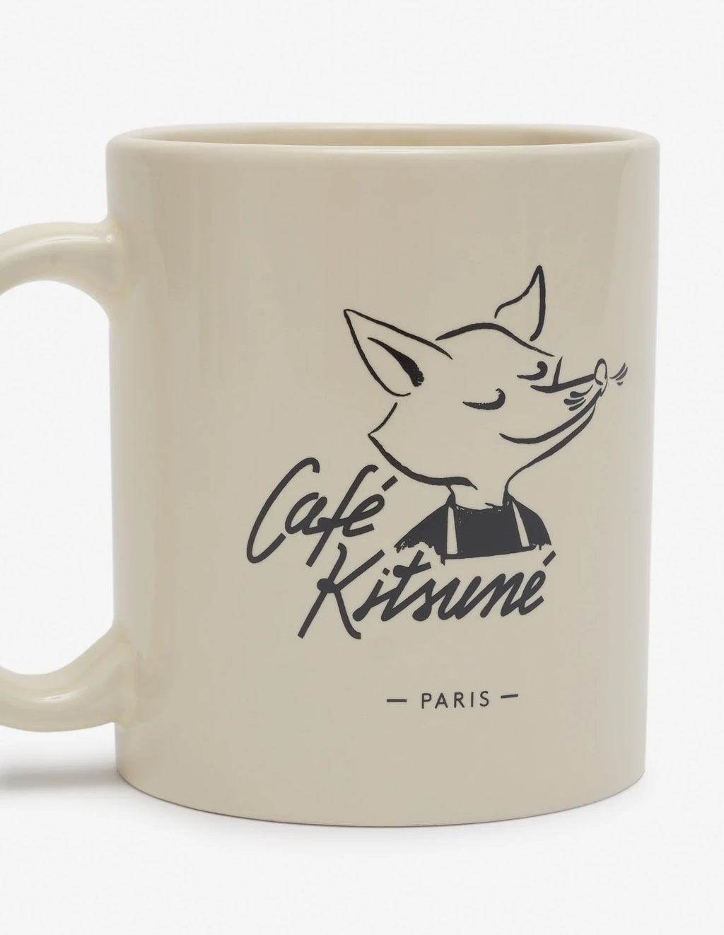 Détail du motif BARISTA FOX sur mug Café Kitsuné en porcelaine