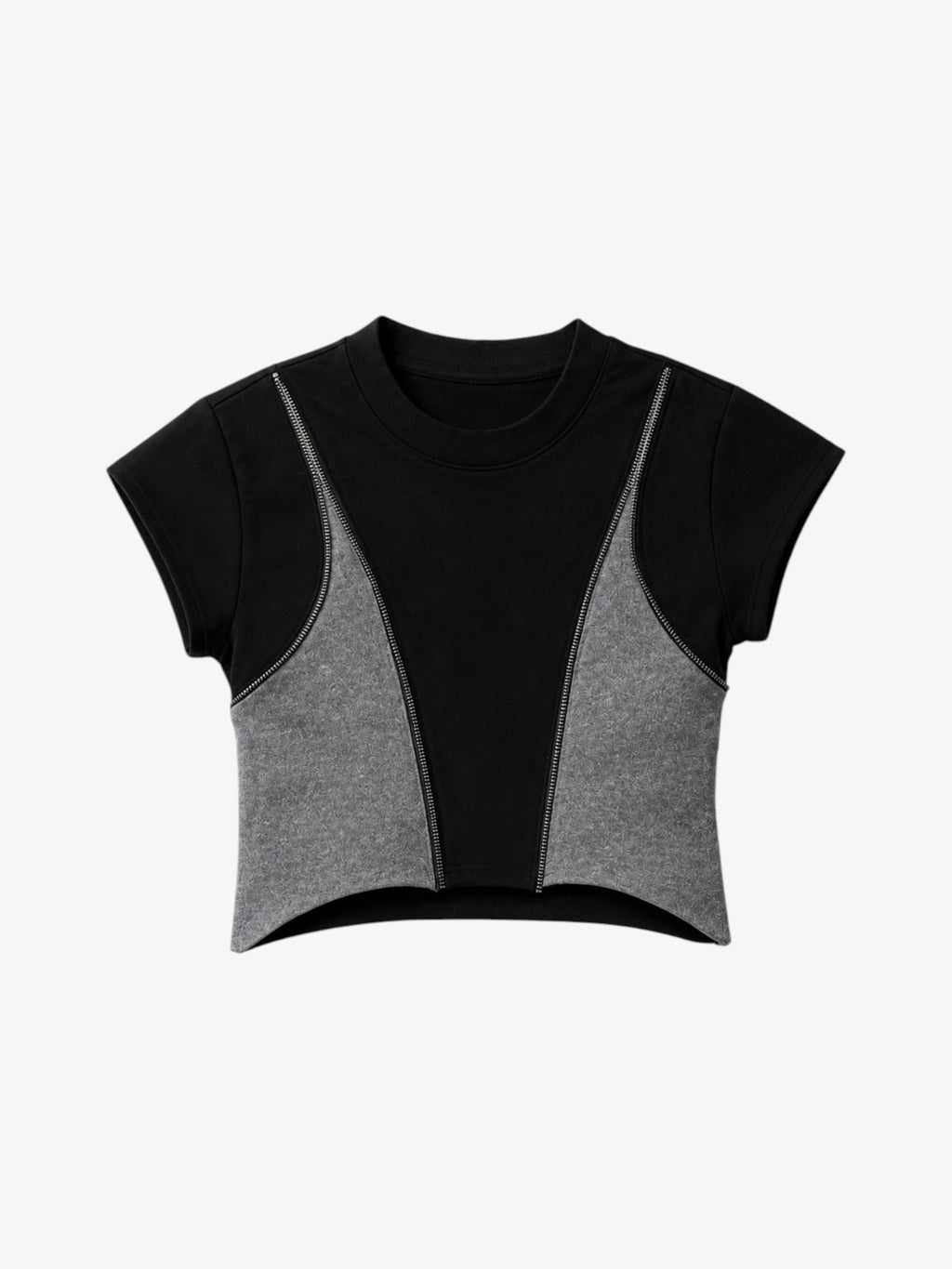 Top crop bicolore avec zip sans marque noir et gris en coton, vue de face