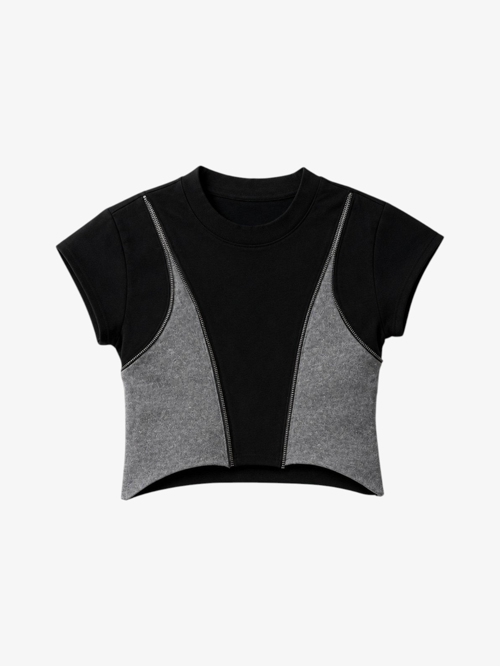 Top crop bicolore avec zip sans marque noir et gris en coton, vue de face