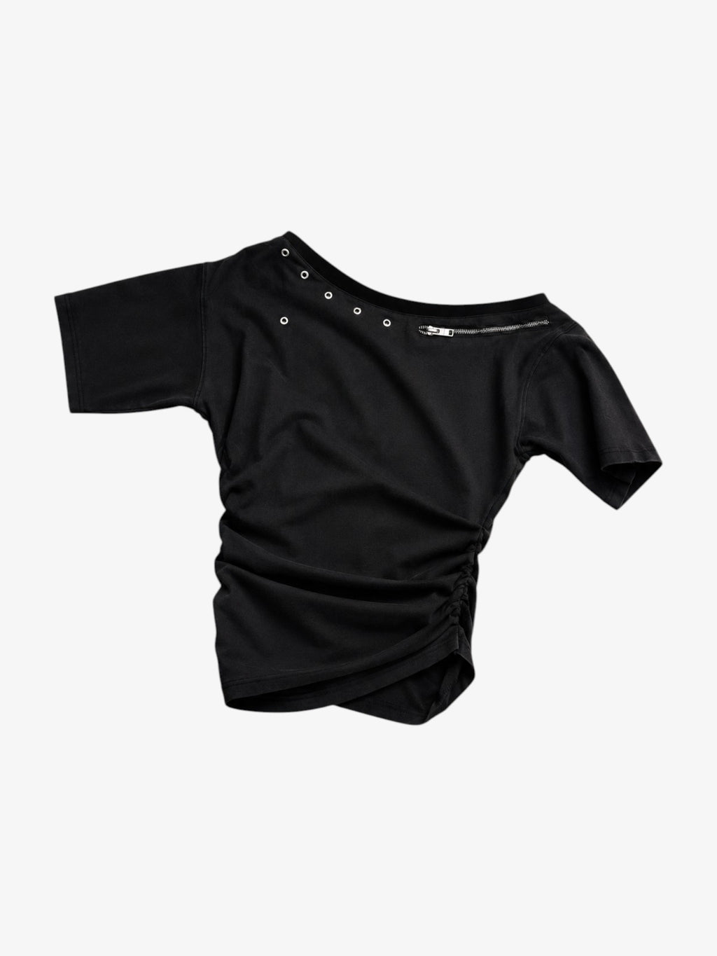 Top froncé col oblique avec zip et œillets sans marque noir en coton, vue de dos