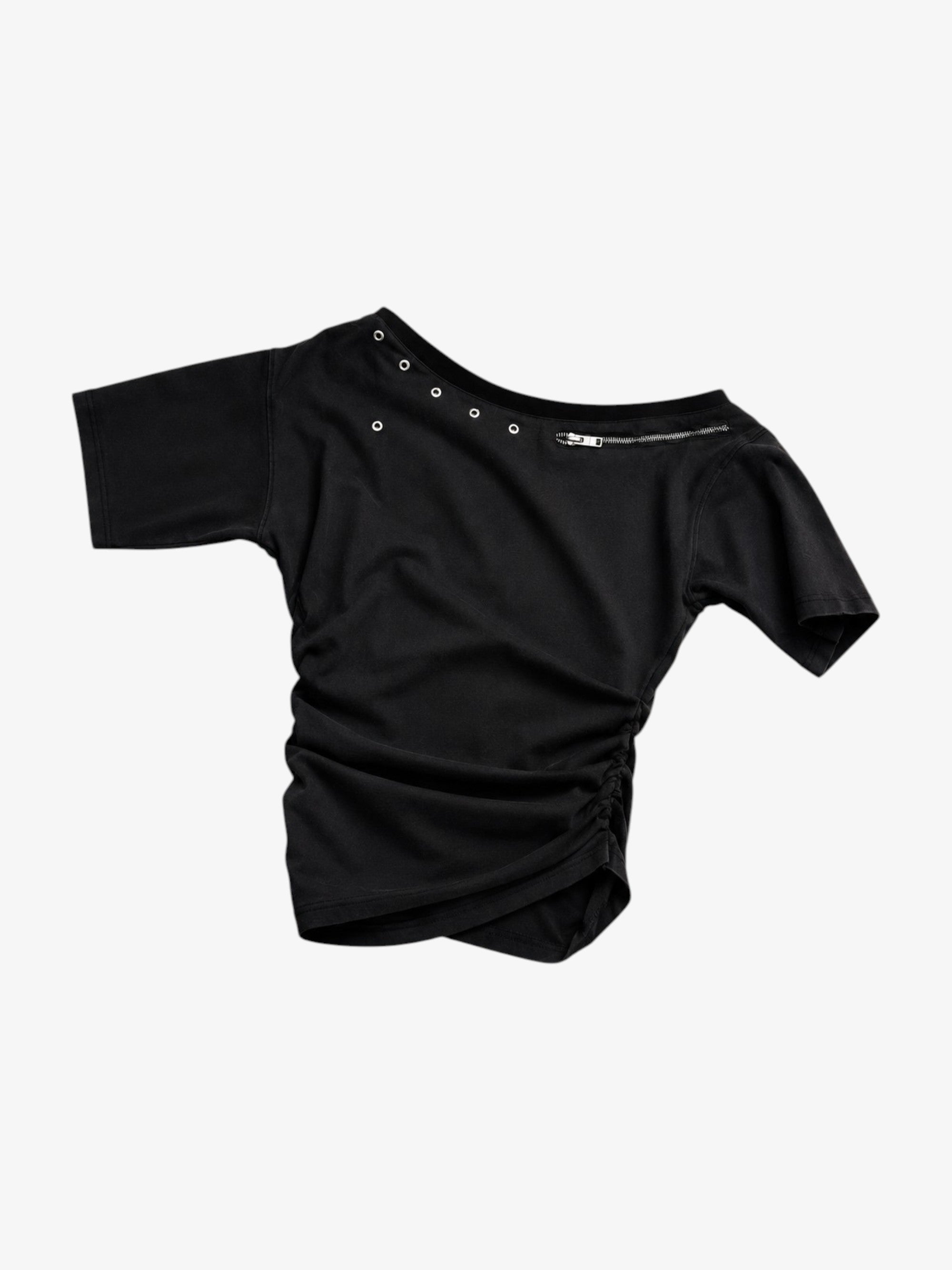 Top froncé col oblique avec zip et œillets sans marque noir en coton, vue de dos
