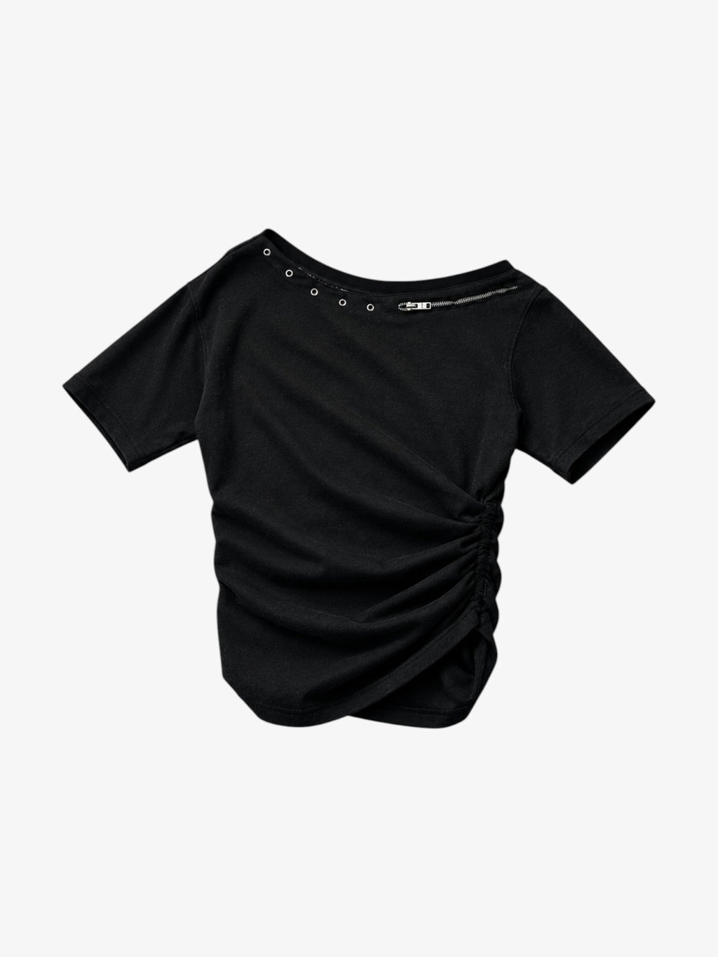 Top froncé col oblique avec zip et œillets sans marque noir en coton, vue de face